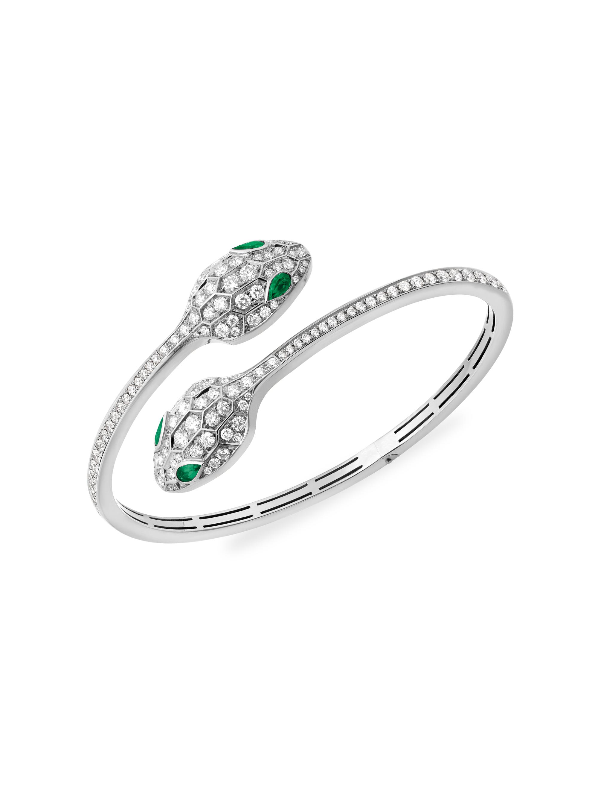 BVLGARI Women's Serpenti Seduttori 18K White Gold, Emerald & Diamond 2-Head Bangle Bracelet - White Gold