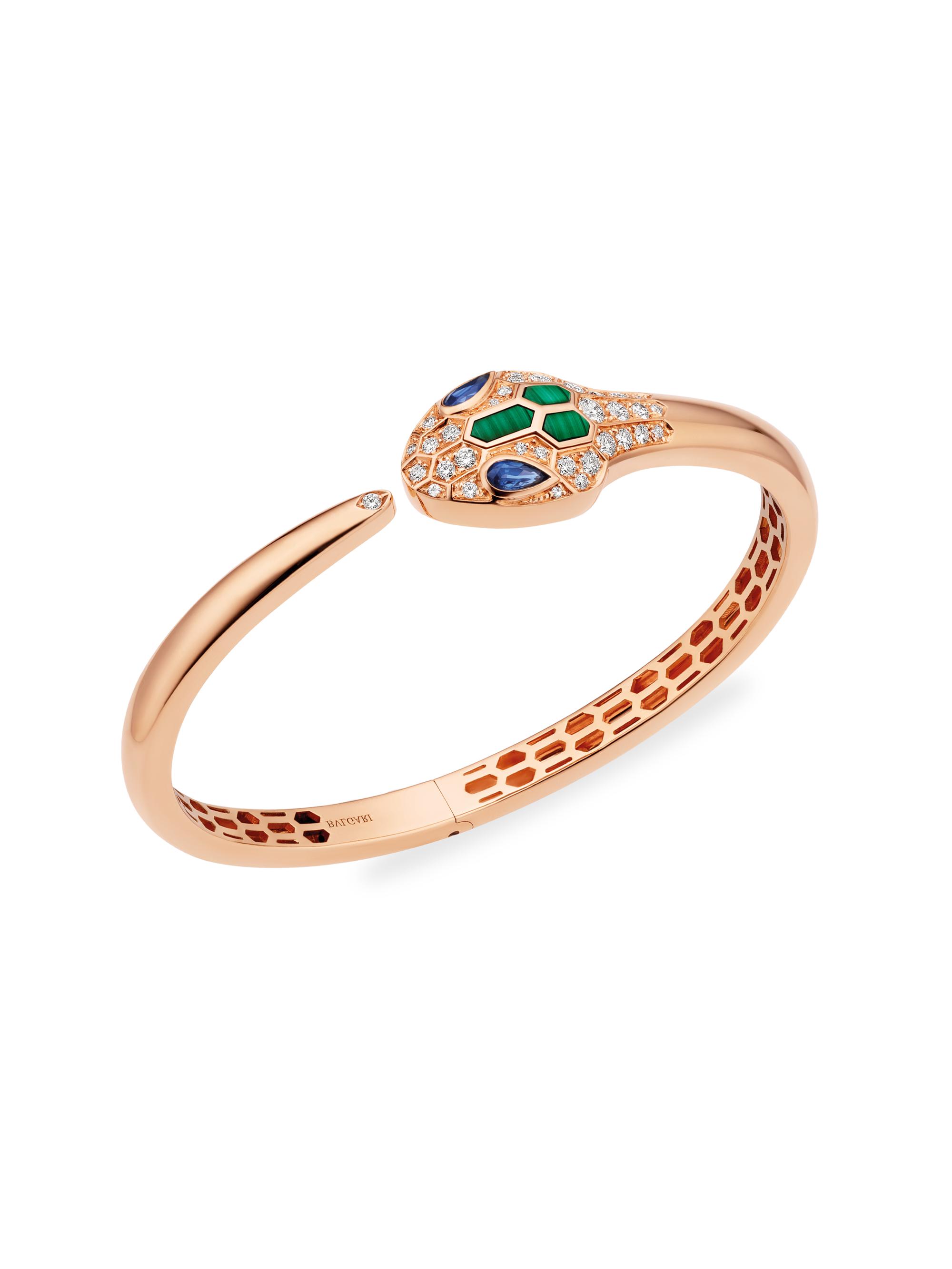 BVLGARI Women's Serpenti Seduttori 18K Rose Gold, Diamond, Blue Sapphire & Malachite Bangle Bracelet - Rose Gold
