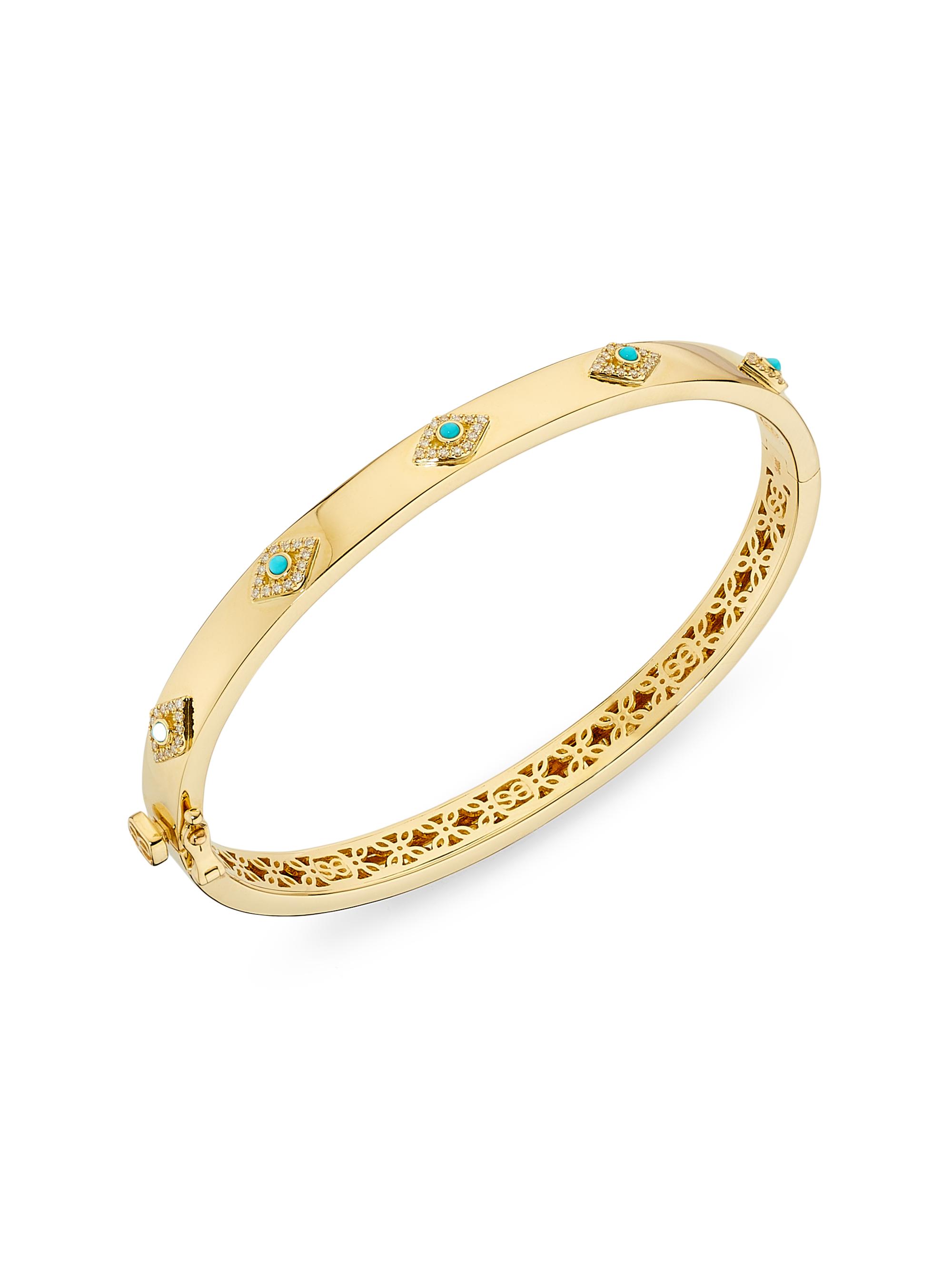 Sydney Evan Women's Evil Eye 14K Yellow Gold, Turquoise & 0.19 TCW Diamond Hinged Bangle - Yellow Gold