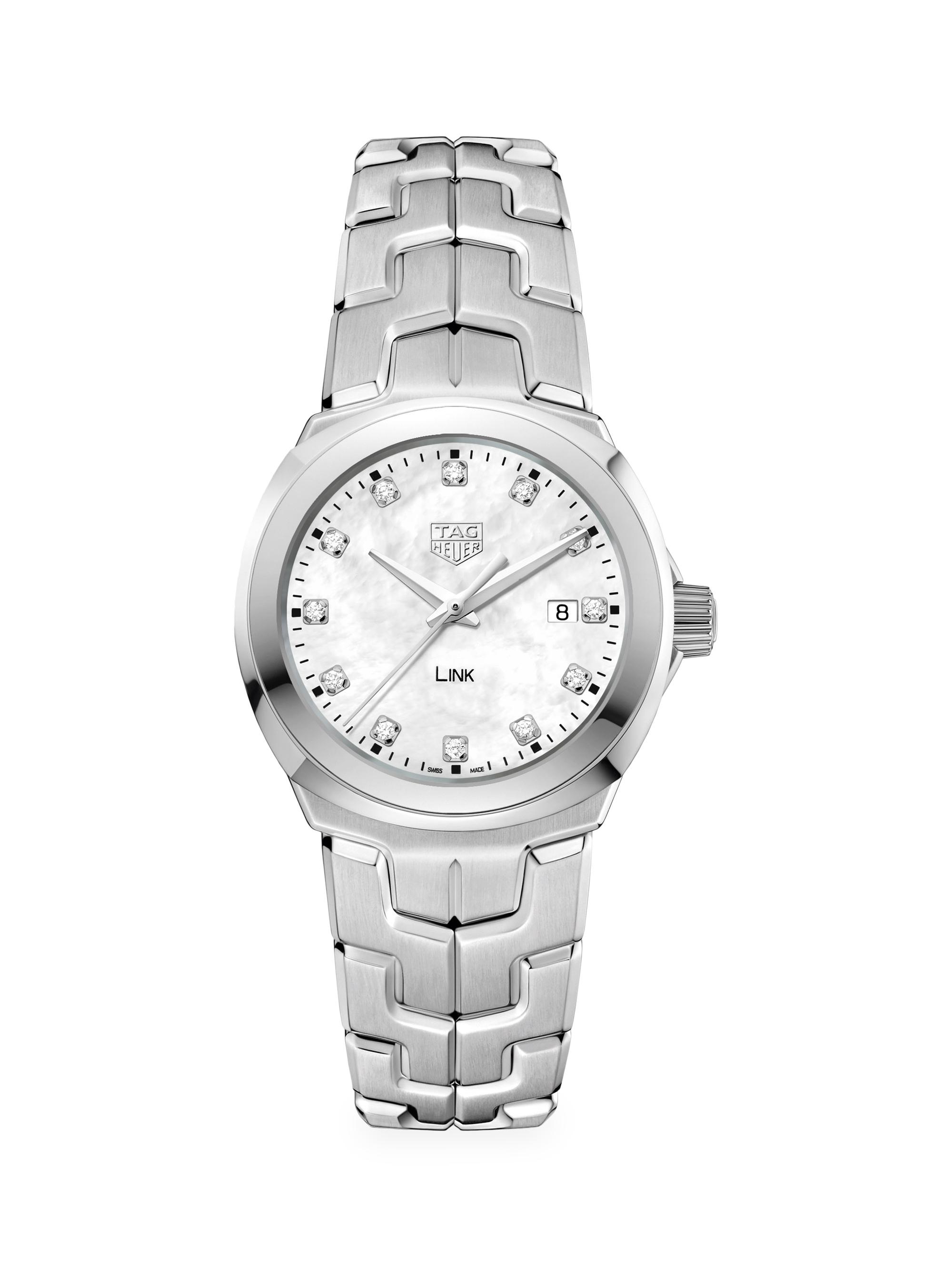TAG Heuer Women's Link 32MM Stainless Steel, White Mother-of-Pearl & Diamond Quartz Bracelet Watch