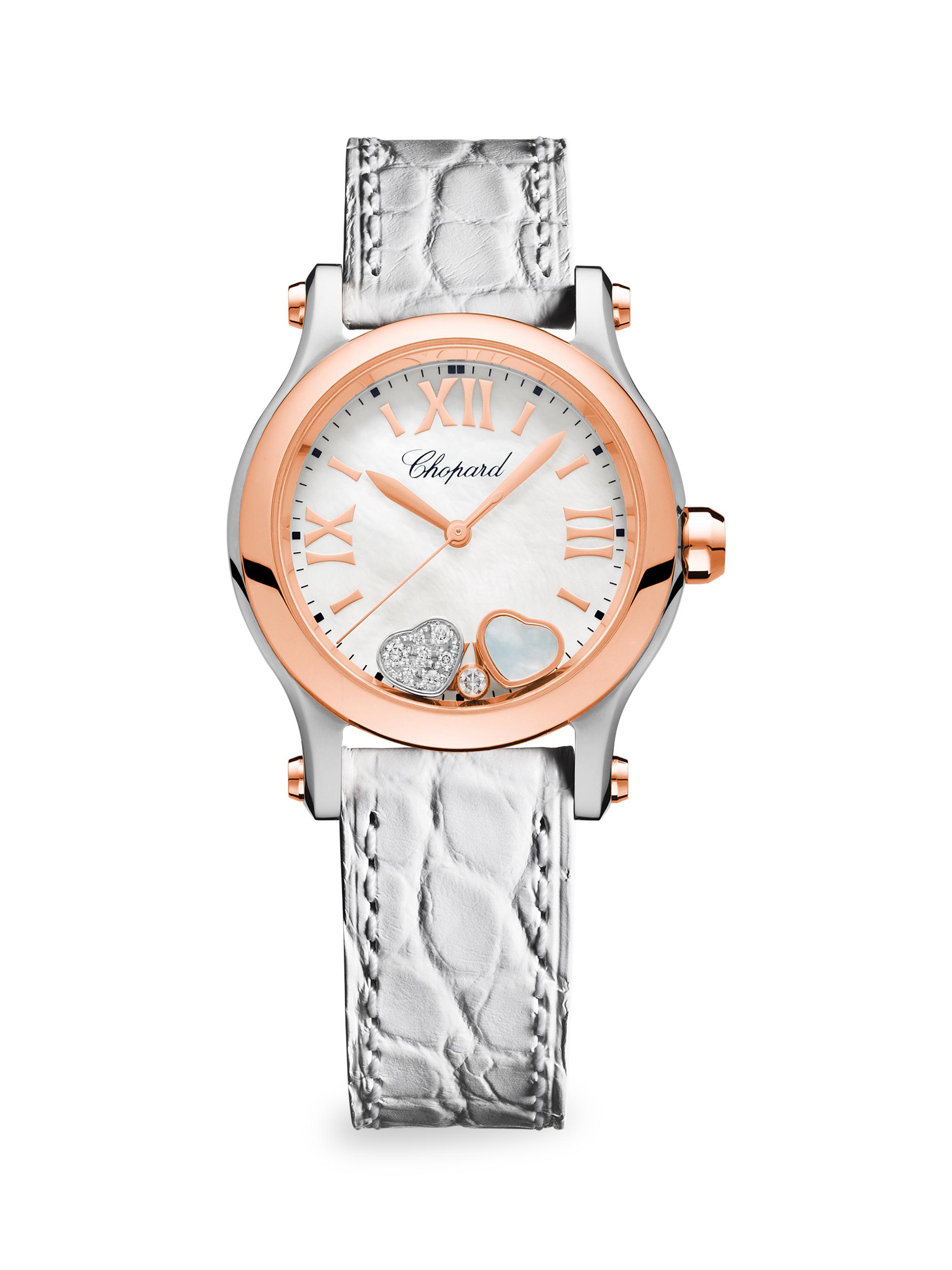Chopard Women's Happy Sport Diamond, 18K Rose Gold, Stainless Steel & White Alligator Strap Watch