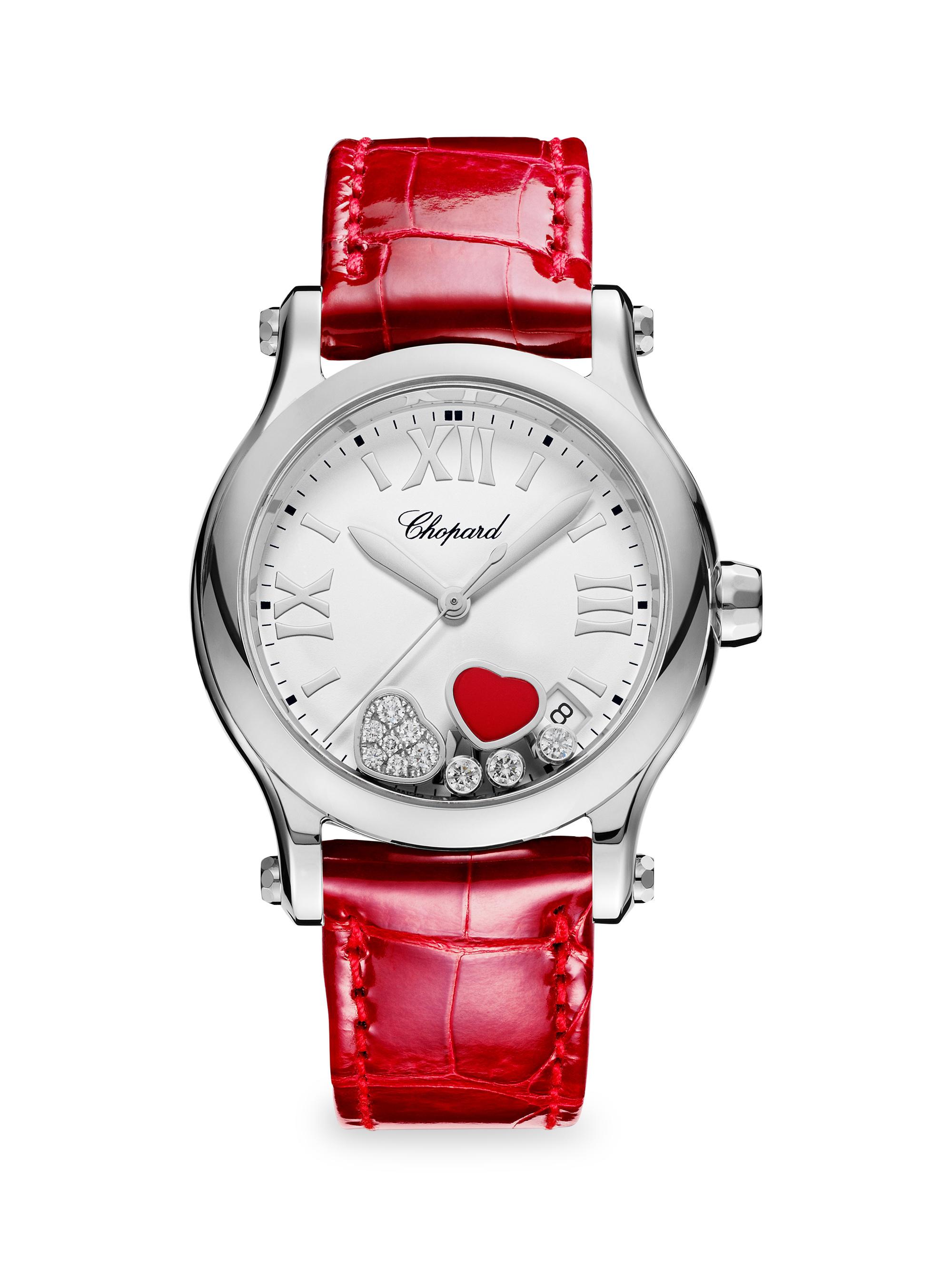 Chopard Women's Happy Hearts Ronde Stainless Steel, Diamond & Alligator-Strap Watch