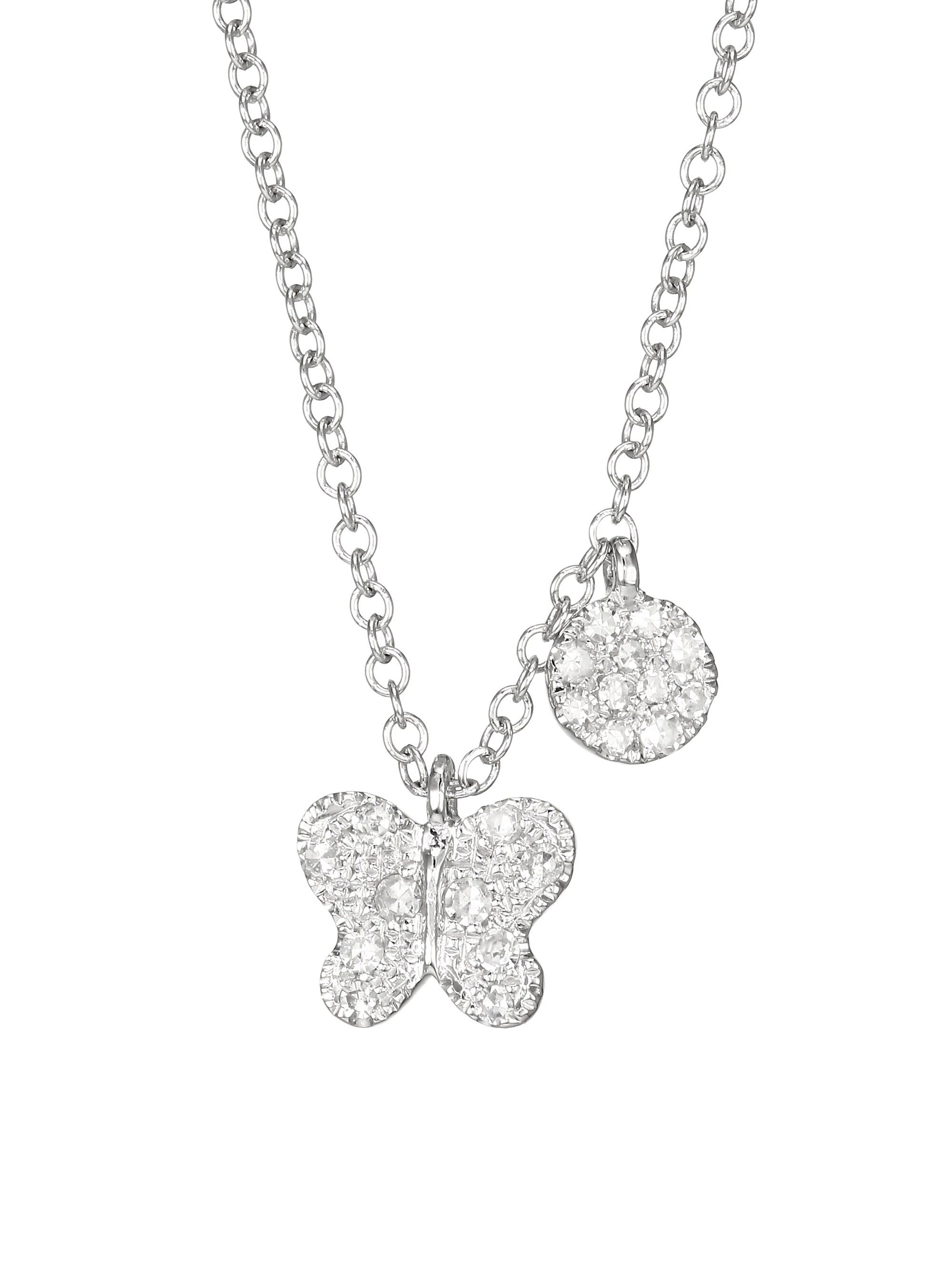 14K White Gold Diamond Buttefly Pendant Necklace
