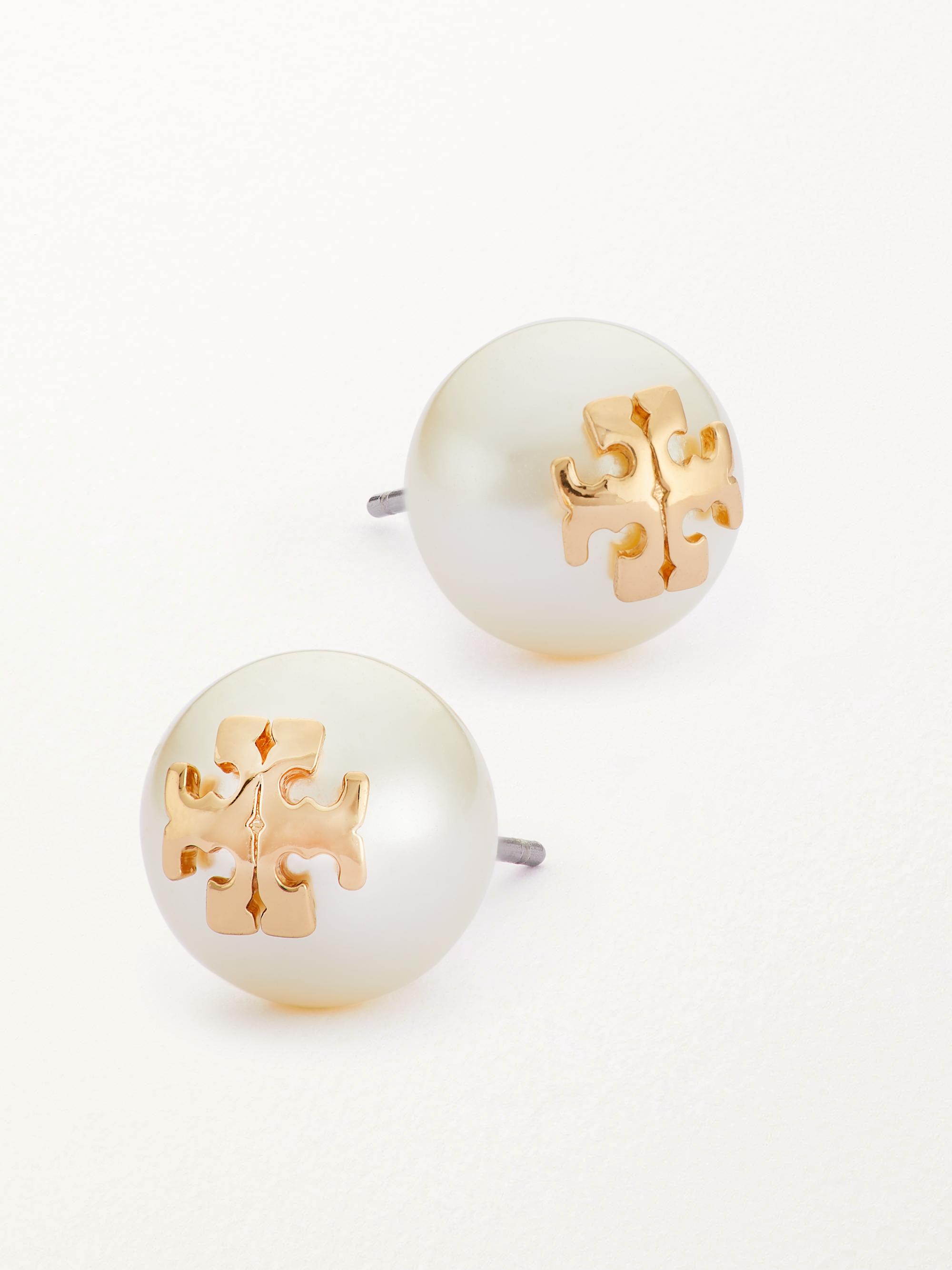 Tory Burch Women's Crystal-Pearl Yellow Goldtone Logo Stud Earrings -