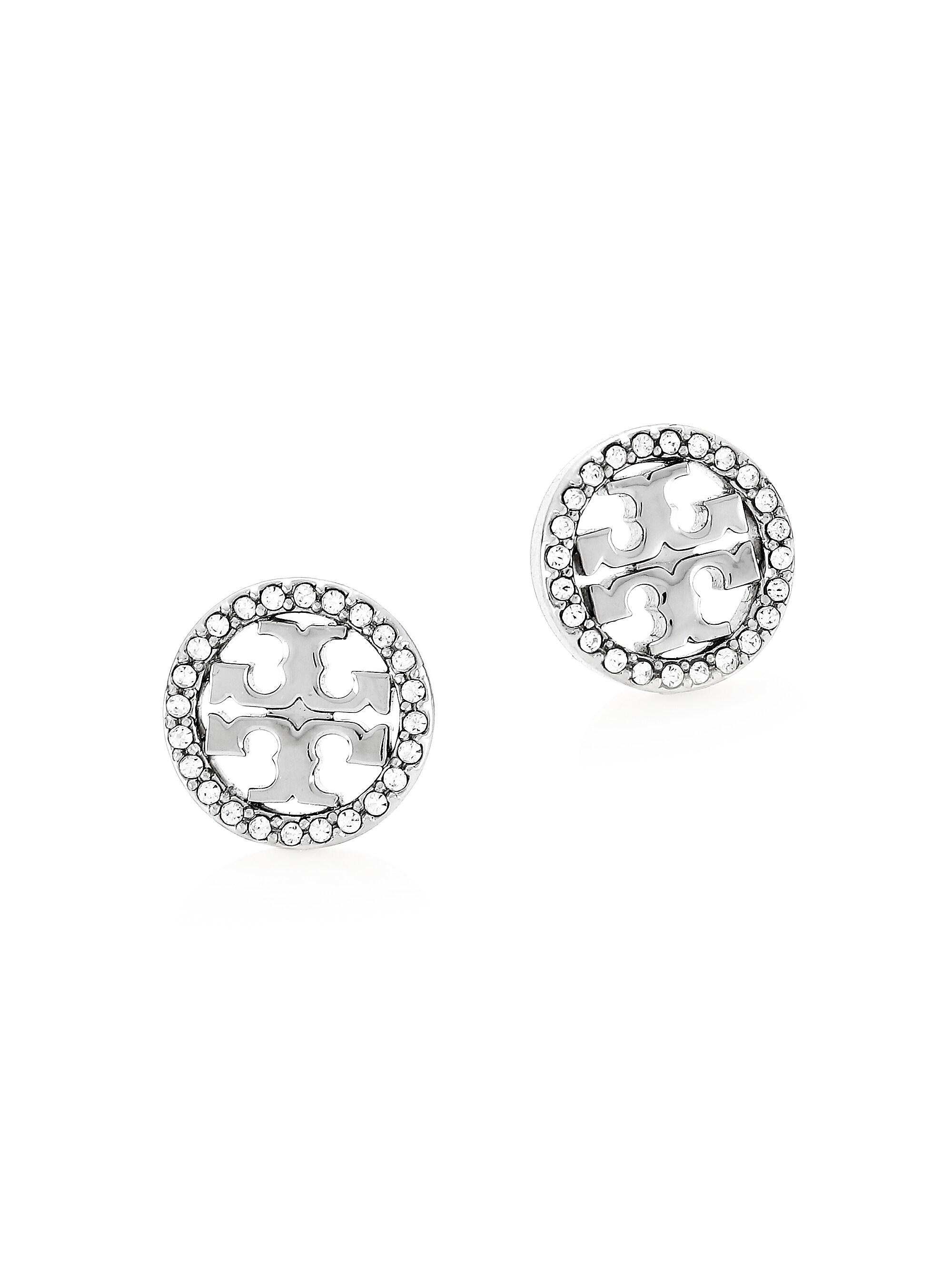 Tory Burch Women's Crystal Logo Silvertone Circle Stud Earrrings - Silver