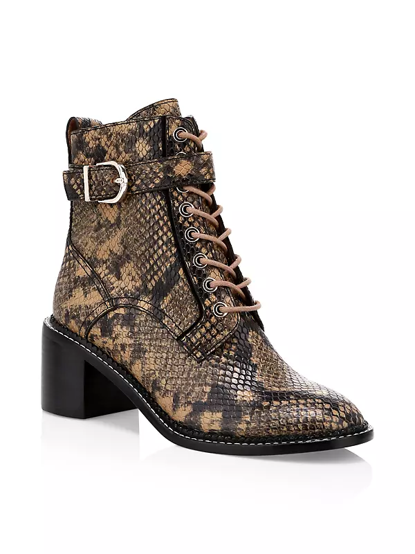 Raster Block-Heel Python-Embossed Leather Combat Boots