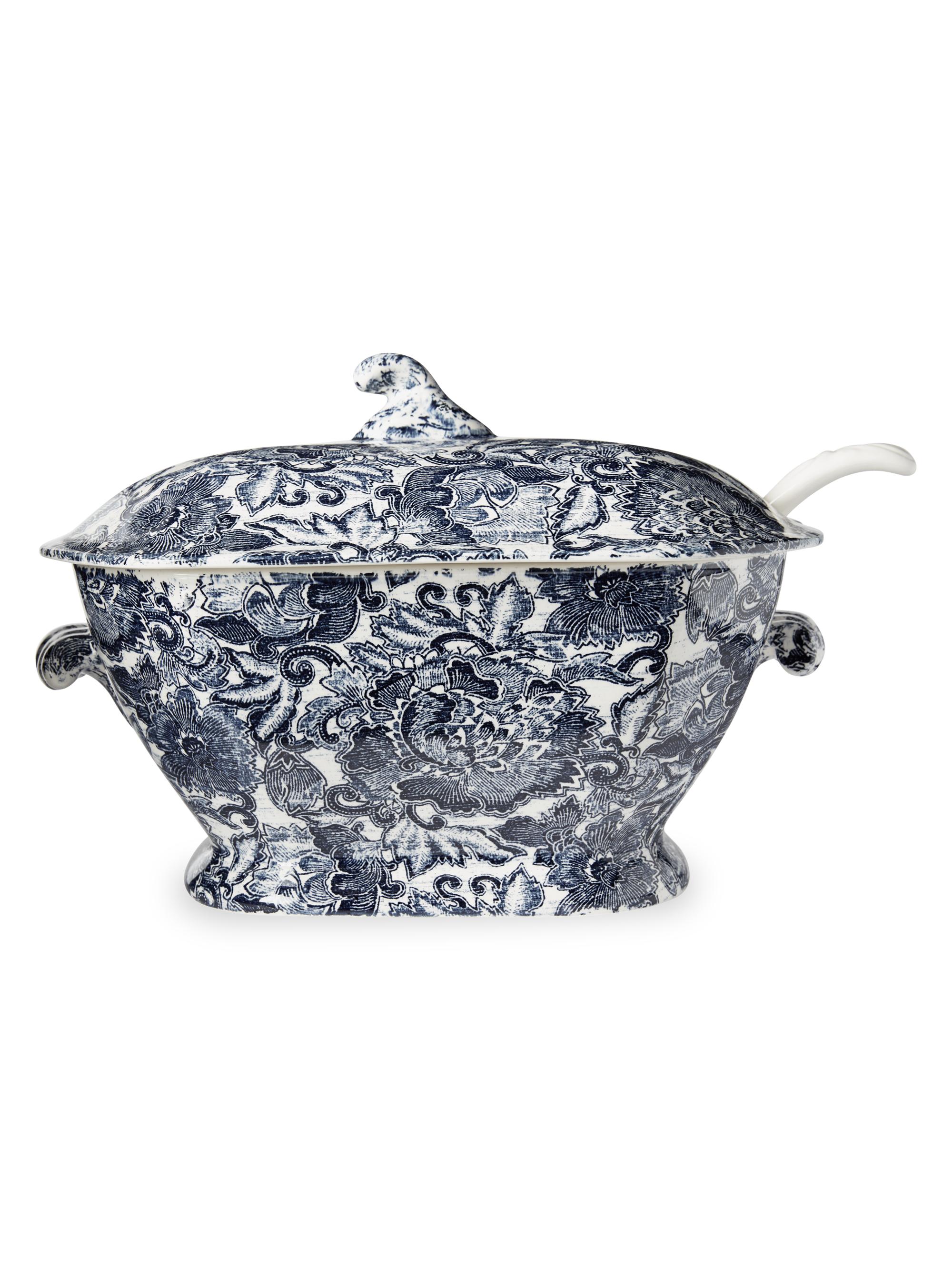 Ralph Lauren x Burleigh Faded Peony 2-Piece Earthware Soup Tureen & Ladle Set - Indigo