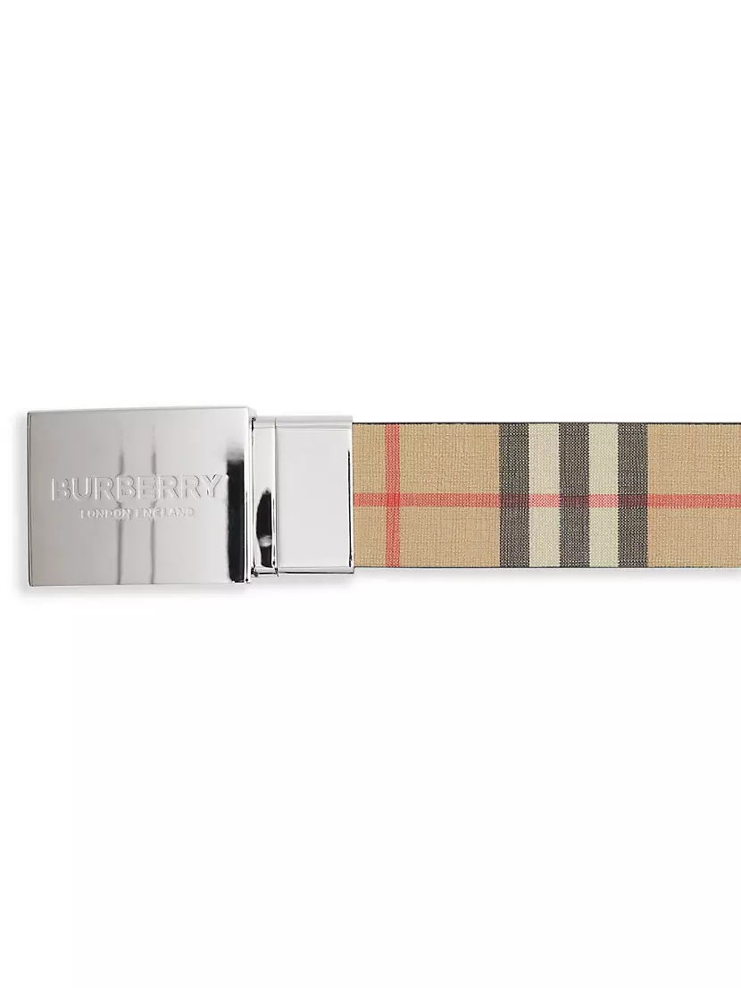 Burberry Plaque Buckle Vintage Check Leather Belt 1.4 Width Black in  Calfskin with Brass-tone - US