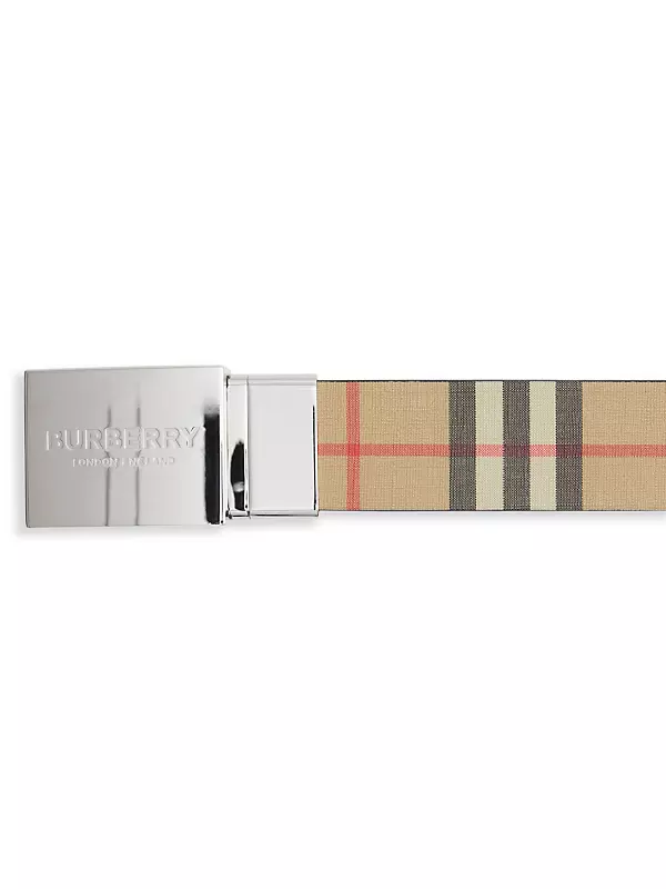 Reversible Vintage Check and Leather Belt in Archive Beige/gold - Men
