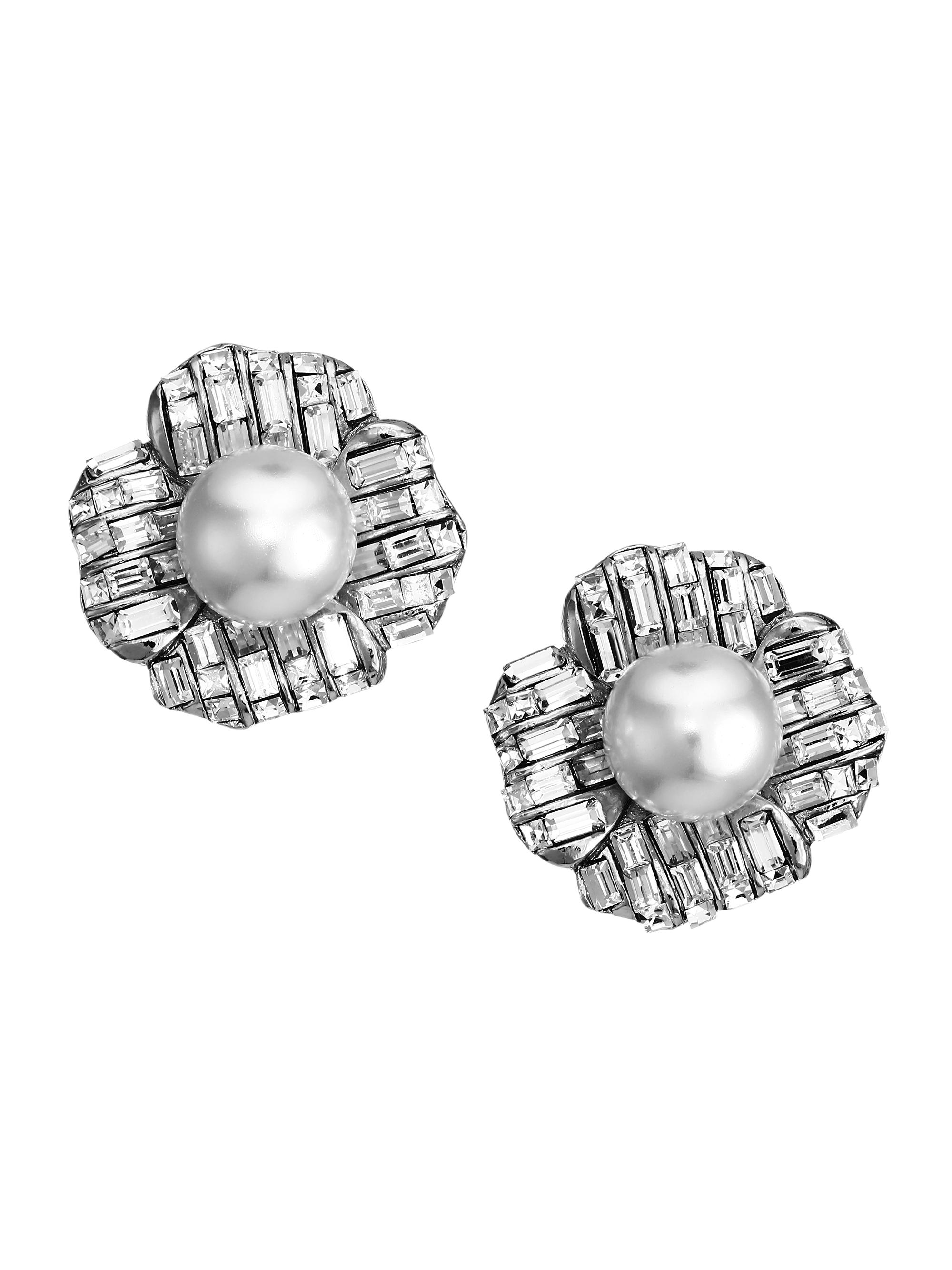 Kenneth Jay Lane Women's Silvertone, 16MM White Round Pearl & Baguette Floral Stud Clip-On Earrings - Silver