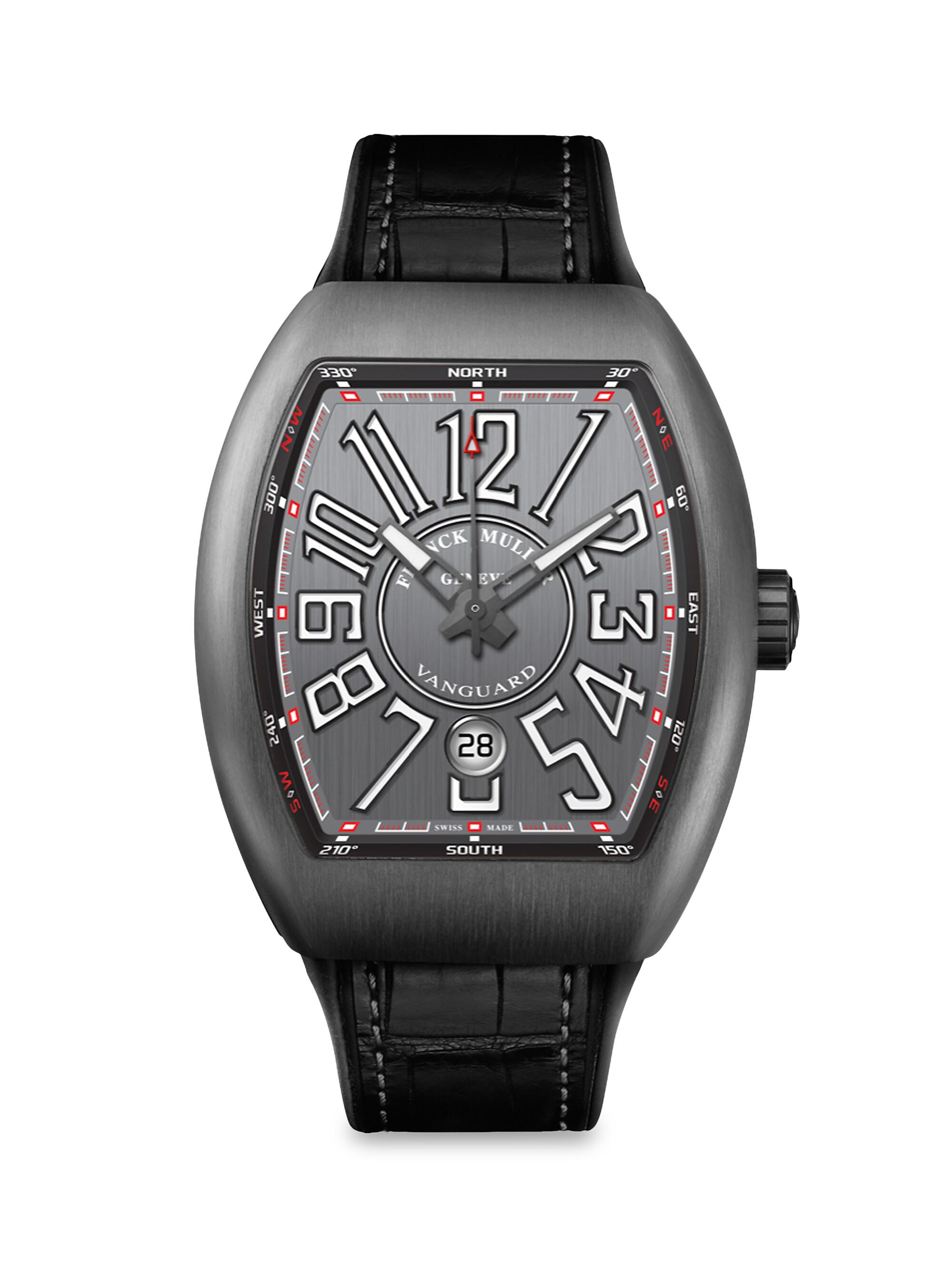 Franck Muller Men's Vanguard Brushed Titanium, Alligator-Embossed Leather & Rubber Strap Watch - Black
