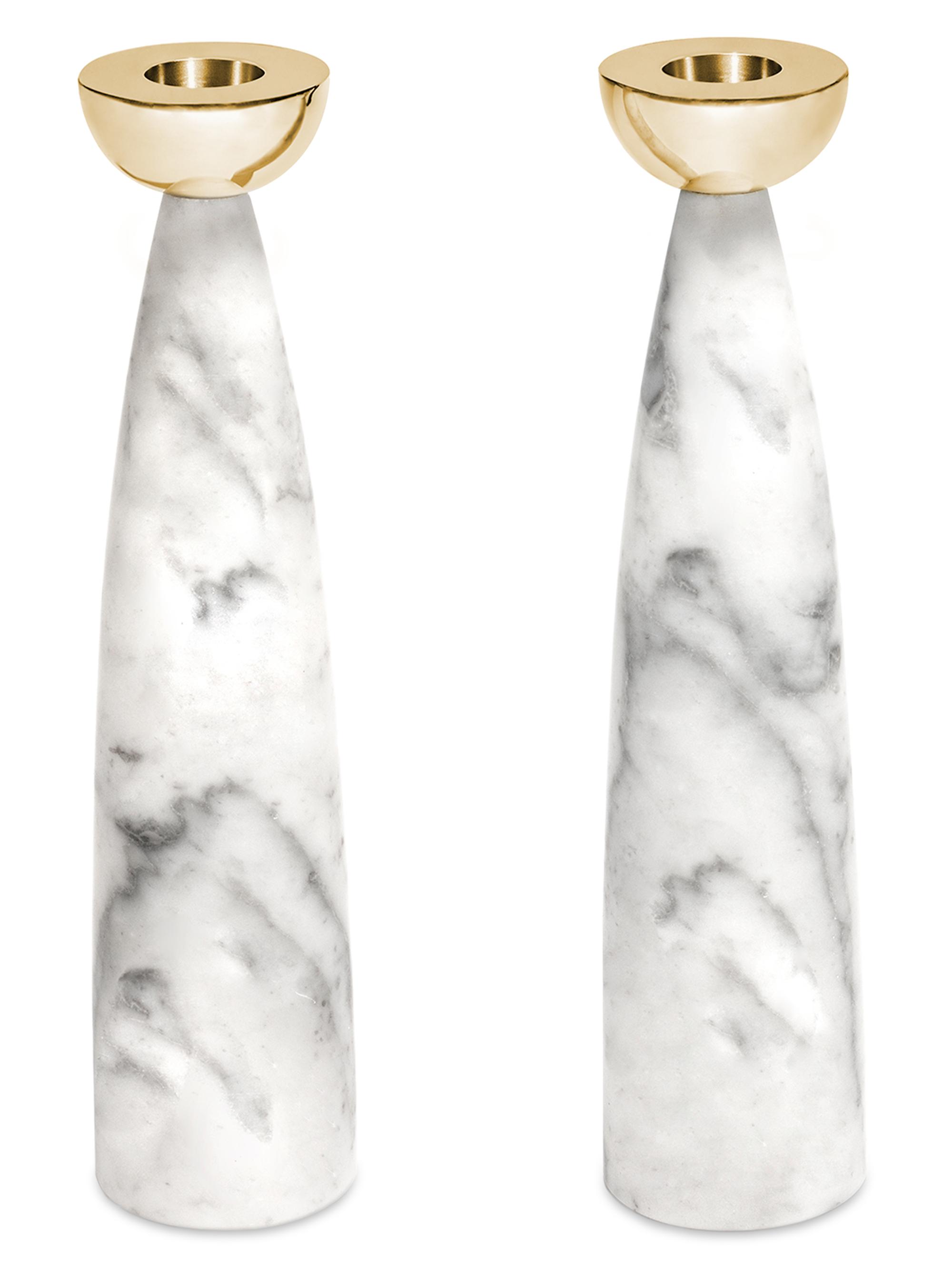 Coluna 2-Piece Carrara Marble & Steel Candlestick Set
