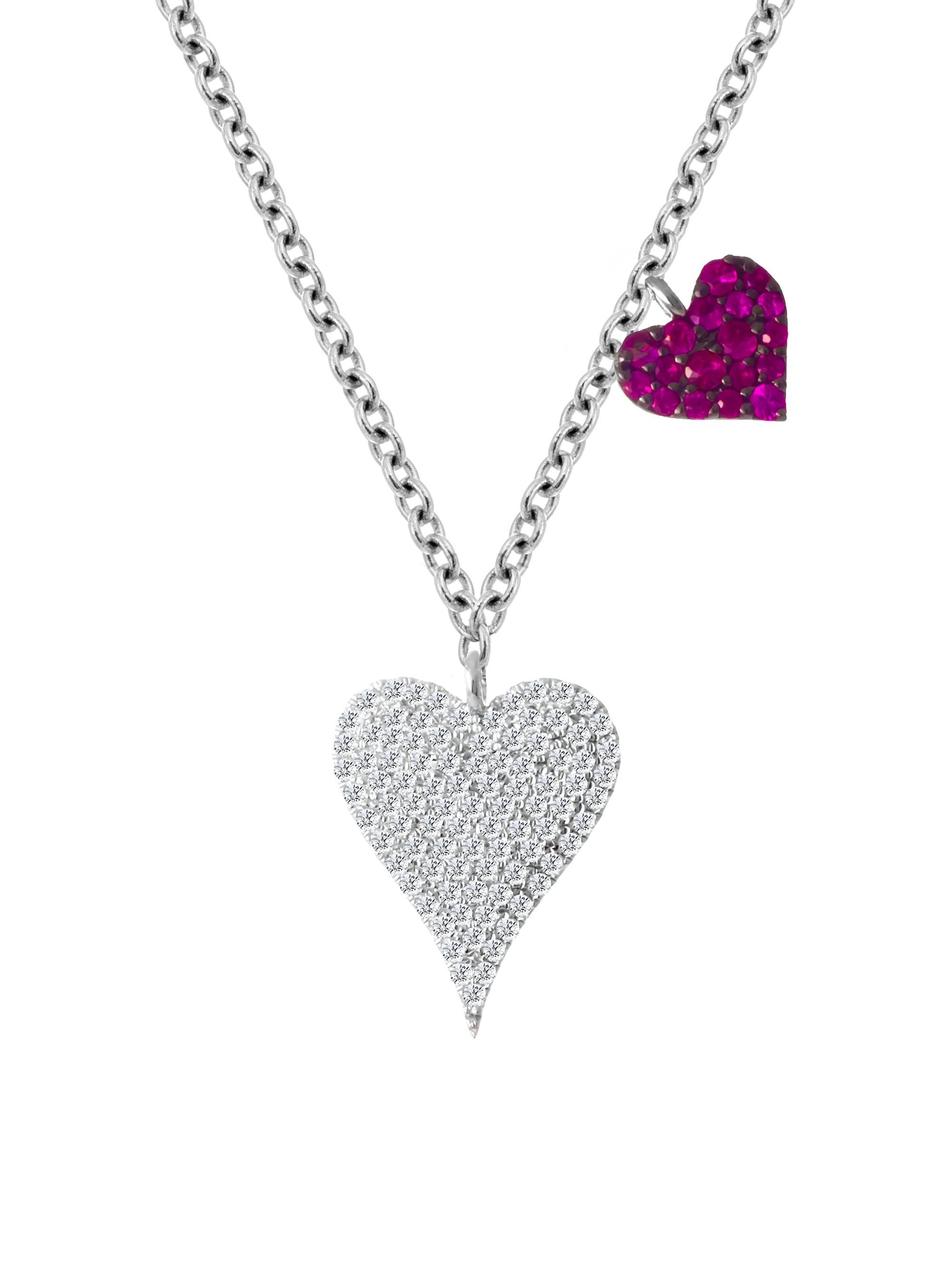 Meira T Women's 14K White Gold Diamond & Ruby Double Heart Pendant Necklace