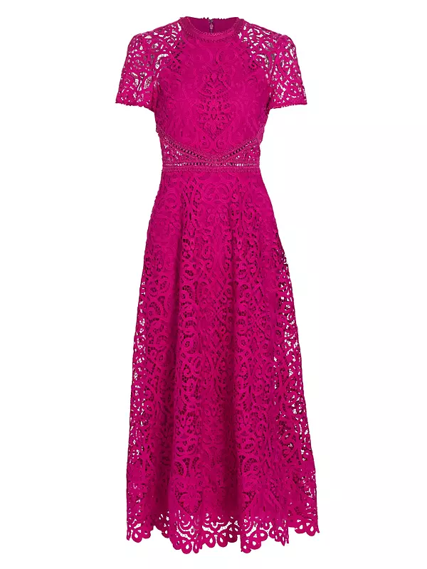 Shop ML Monique Lhuillier Lace Short-Sleeve A-Line Midi Dress