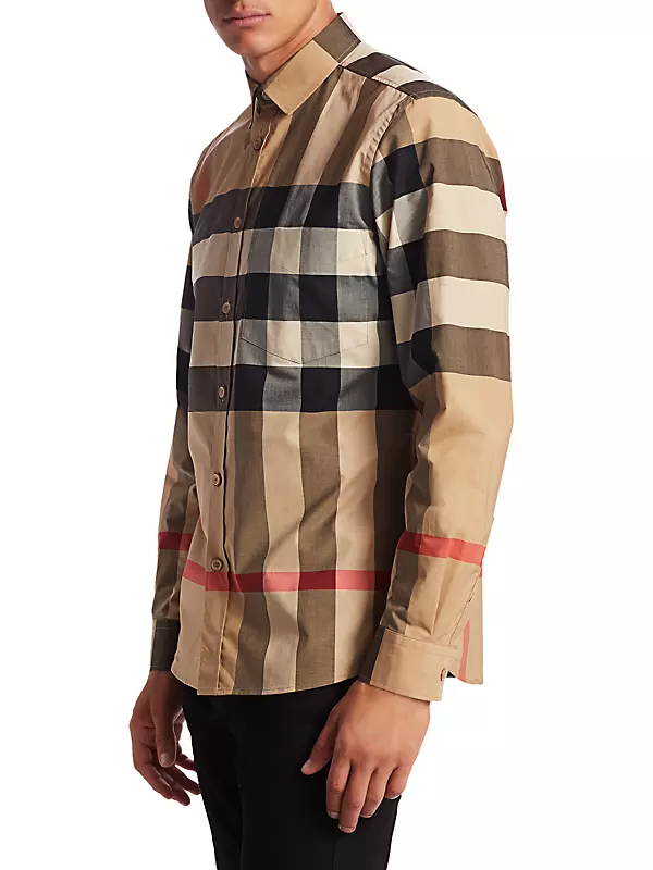 Shop Burberry Somerton Check Cotton Long-Sleeve Shirt
