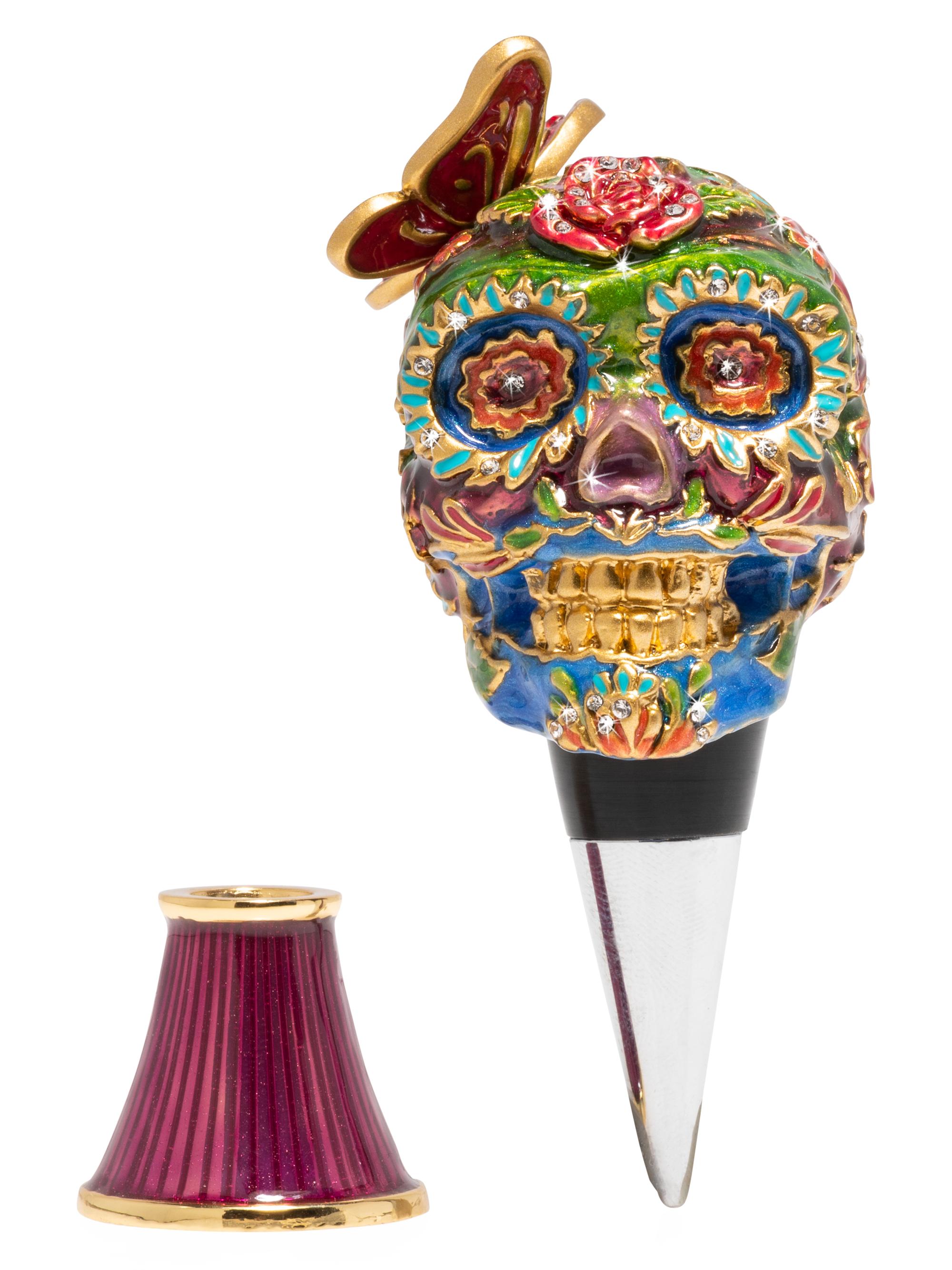 Jay Strongwater Calavera 2-Piece Skull 14K Yellow Goldplated Stainless Steel & Swarovski Crystal Winestopper & Stand Set