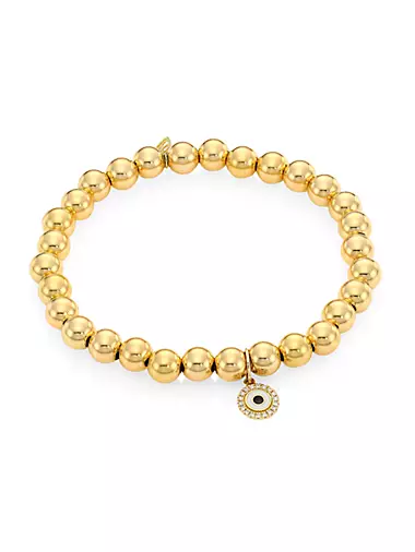 14K Yellow Gold & Diamond Evil Eye Charm Beaded Bracelet
