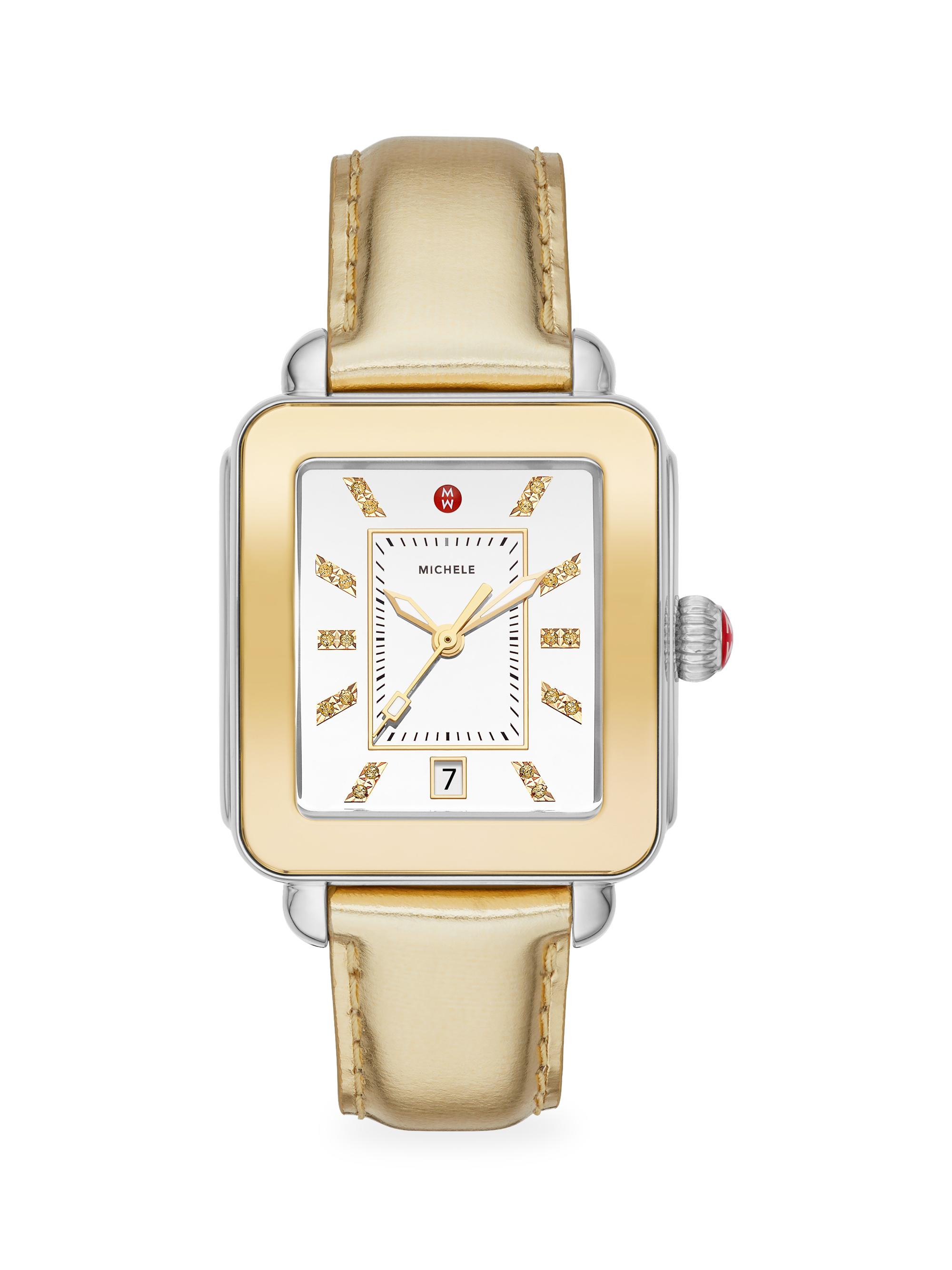 Michele Women's Deco Sport High Shine Goldtone Stainless Steel, Topaz & Leather Strap Watch