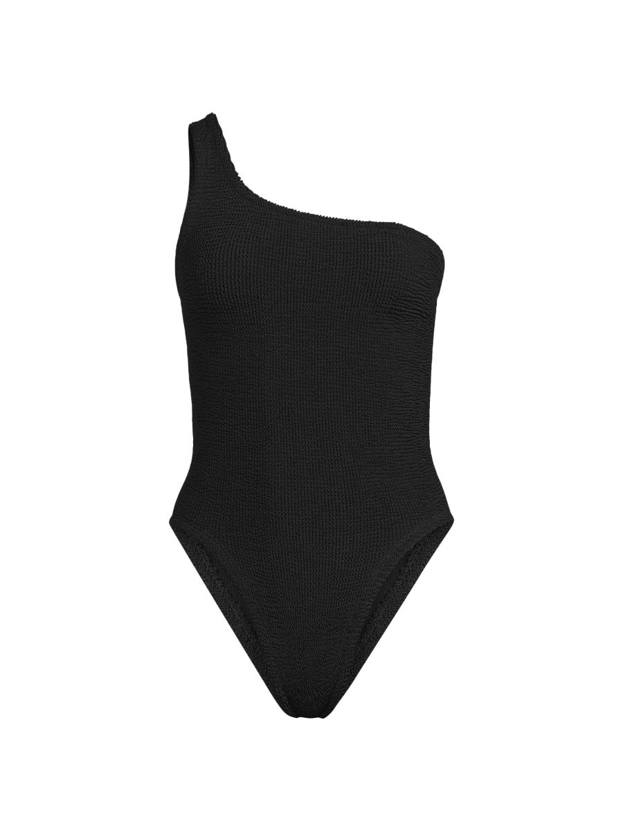 【HUNZA G】nancy one-shoulder seersucker swimsuit HUNZA G Nancy One-Shoulder Striped Seersucker Swimsuit in
