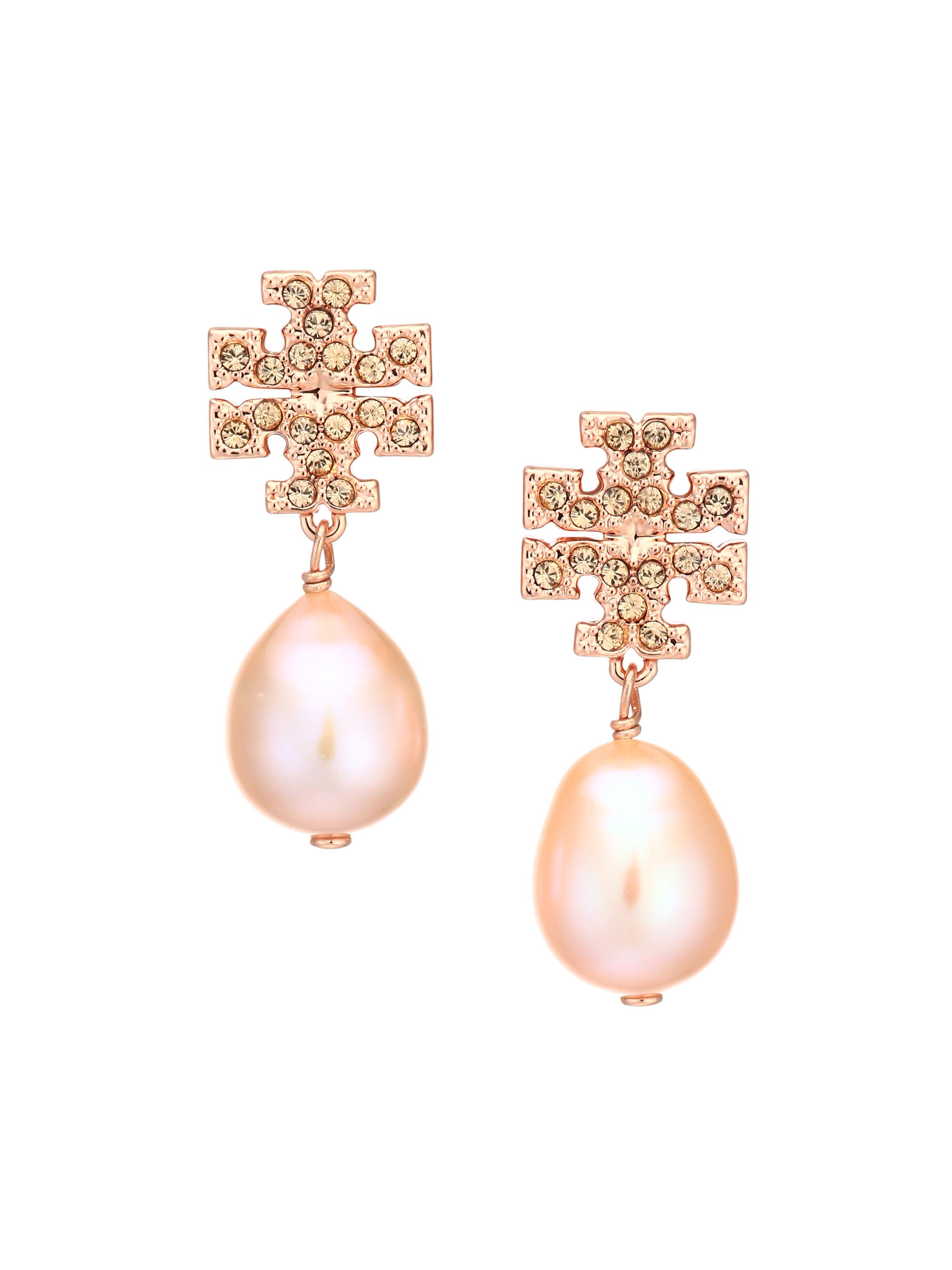 Tory Burch Goldtone, Crystal & Faux-Pearl Logo Drop Earrings  display picture 3