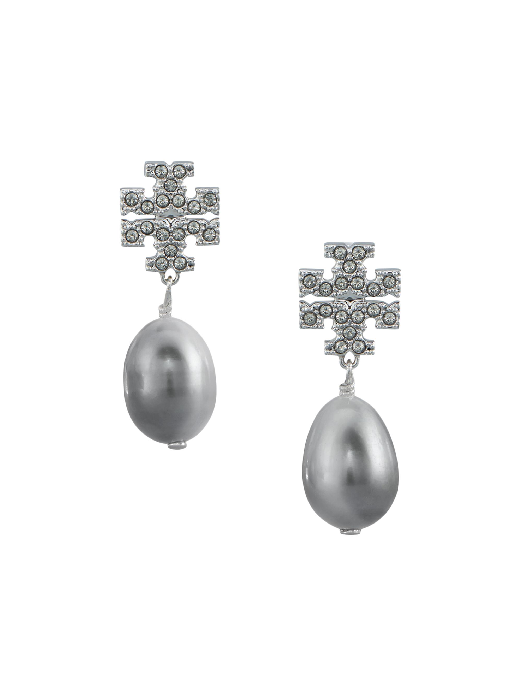 Tory Burch Women's Goldtone, Crystal & Faux-Pearl Logo Drop Earrings - Tory Silver Pearl