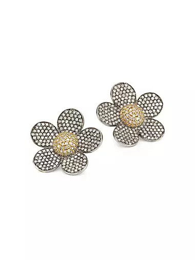 14K Black Rhodium Silver & Diamond Floral Stud Earrings