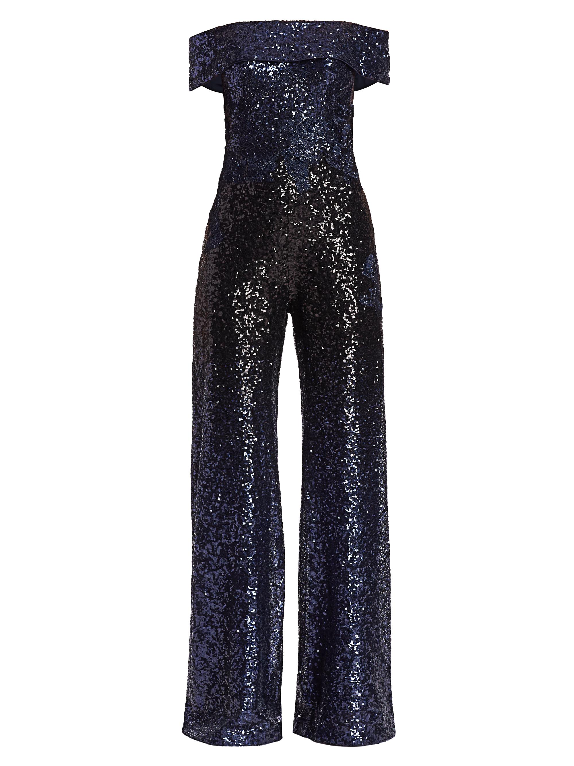 Rene Ruiz Collection Women's Off-the-Shoulder Sequin Jumpsuit - Navy Black