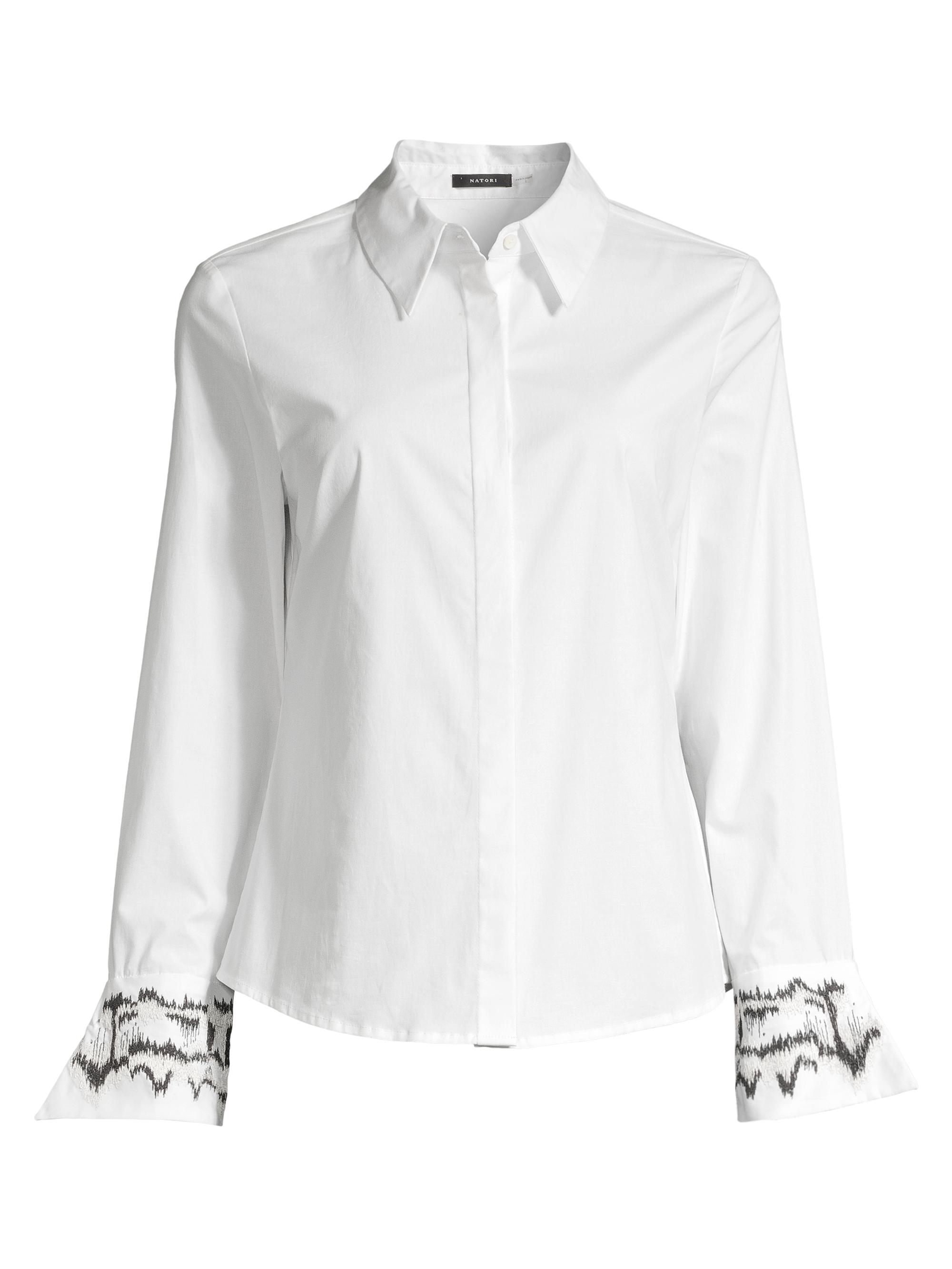 Josie Natori Women's Embroidered Cuff Poplin Button Down Tunic - White