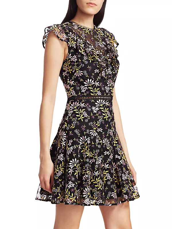 Embroidered Floral Flutter-Sleeve Dress