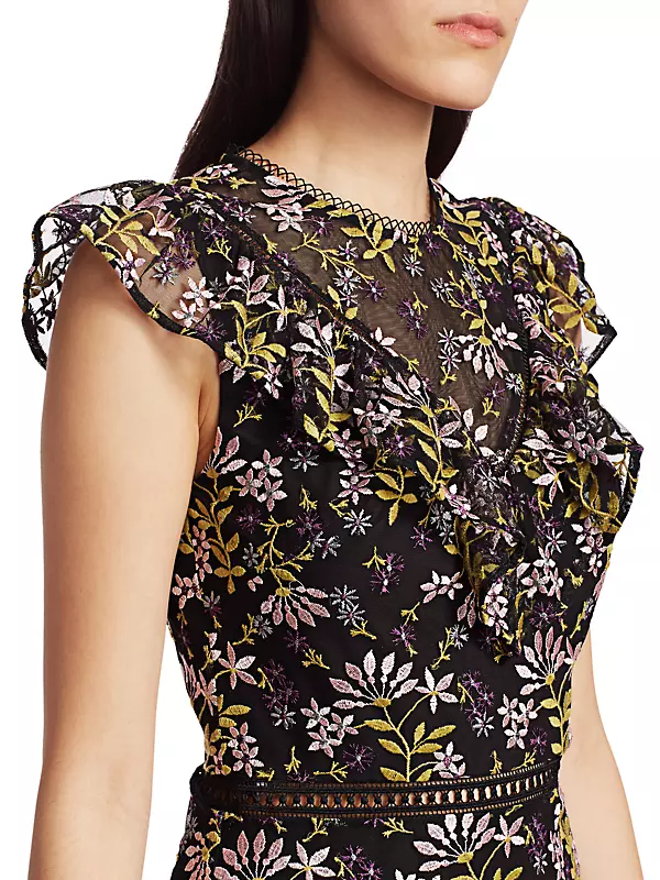 Embroidered Floral Flutter-Sleeve Dress