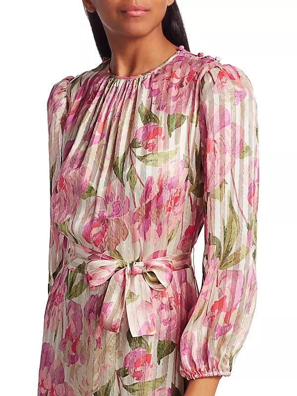 Iris Floral Metallic Stripe Puff-Sleeve Tie-Waist Maxi Dress