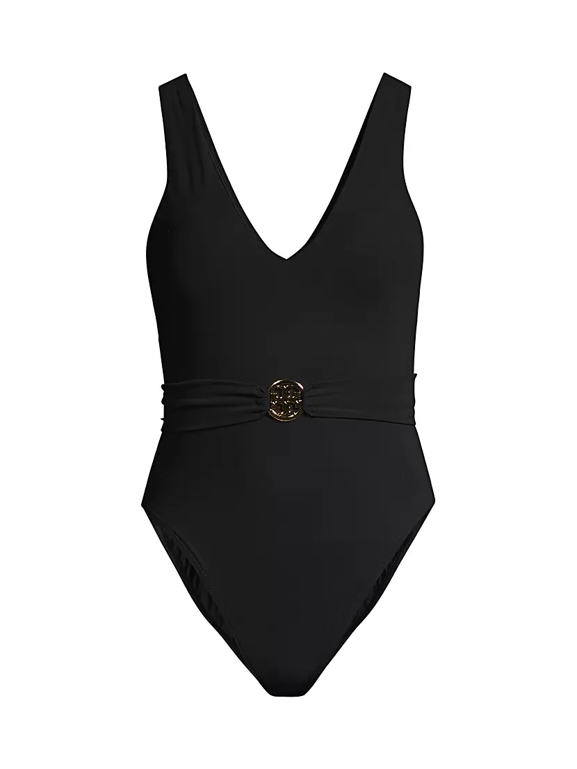 Tory Burch Miller Plunge Belted One-Piece Swimsuit
