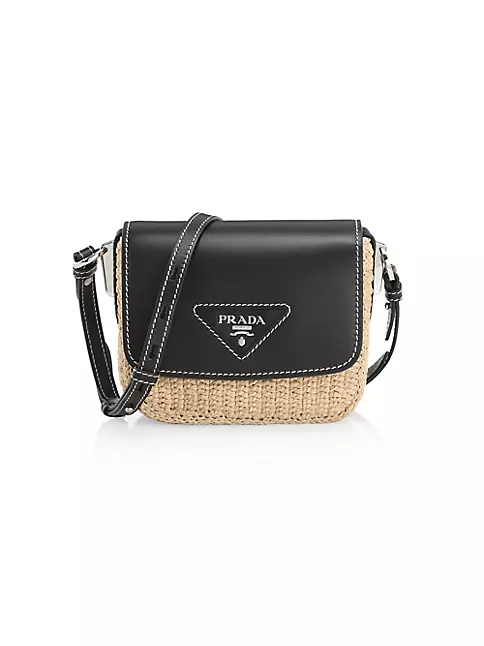 Shop Prada Raffia & Leather Crossbody Bag
