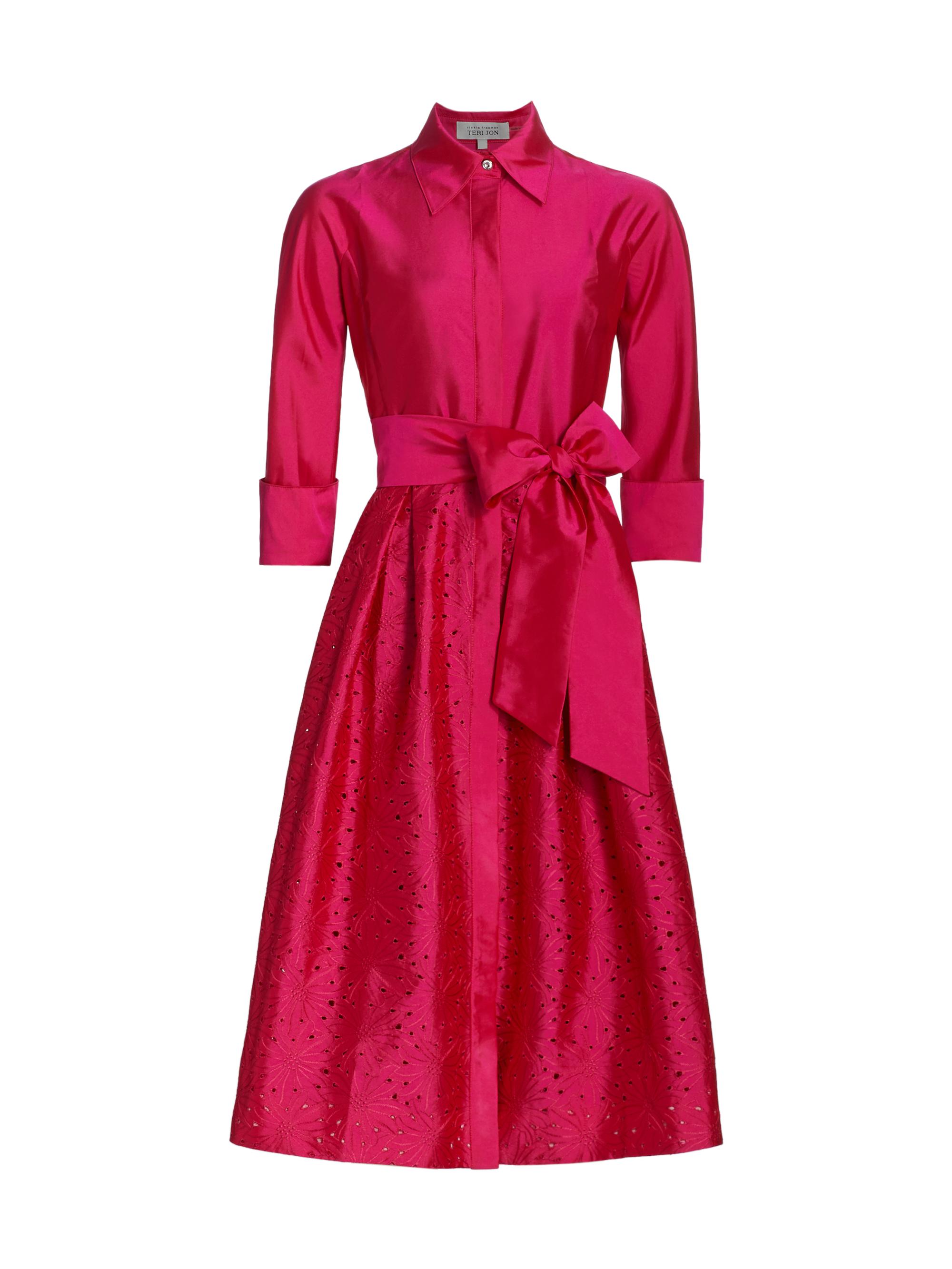 Teri Jon by Rickie Freeman Women's Taffeta Laser Cut Shirtdress - Hot Pink