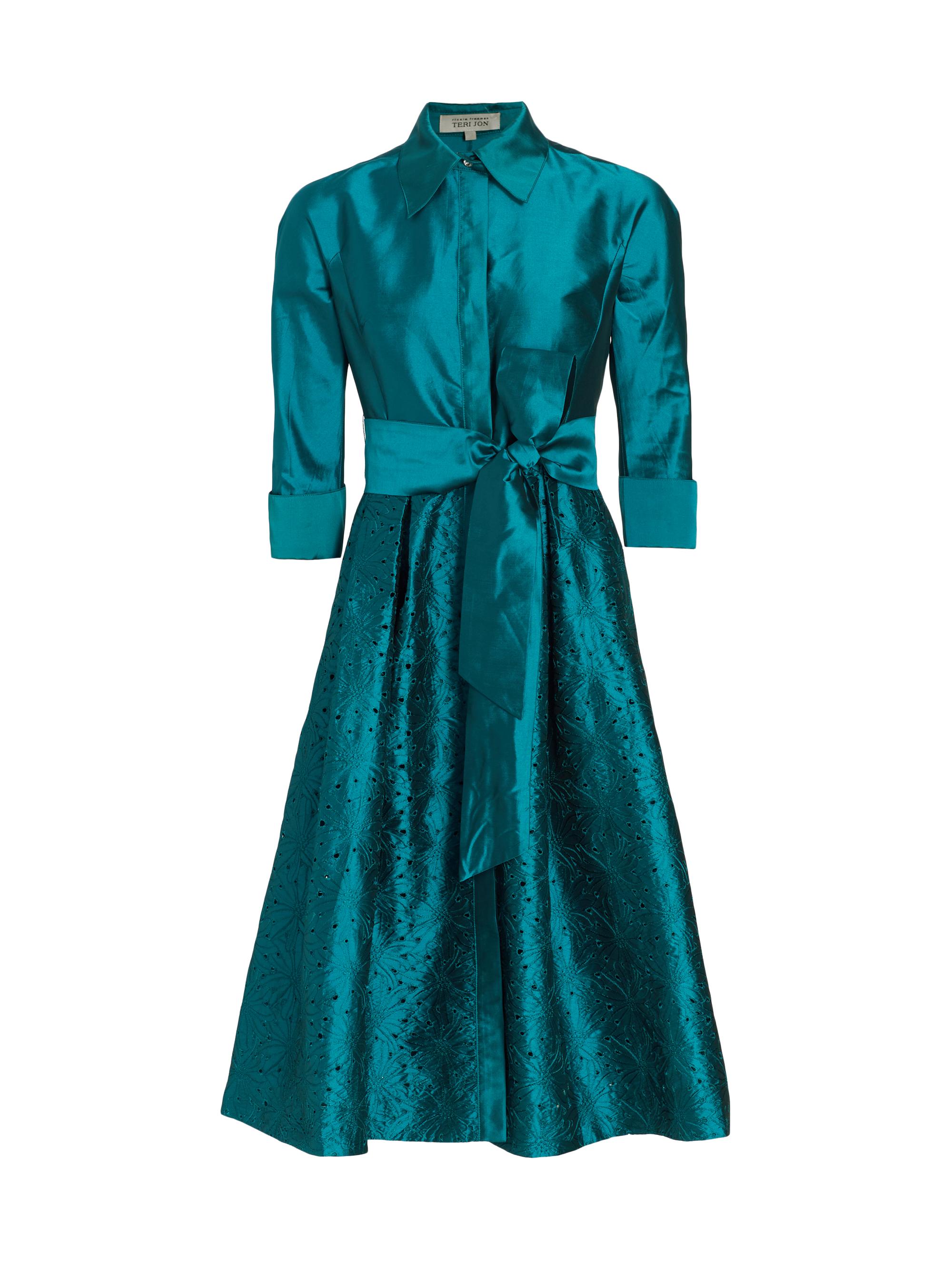 Teri Jon by Rickie Freeman Women's Taffeta Laser Cut Shirtdress - Teal