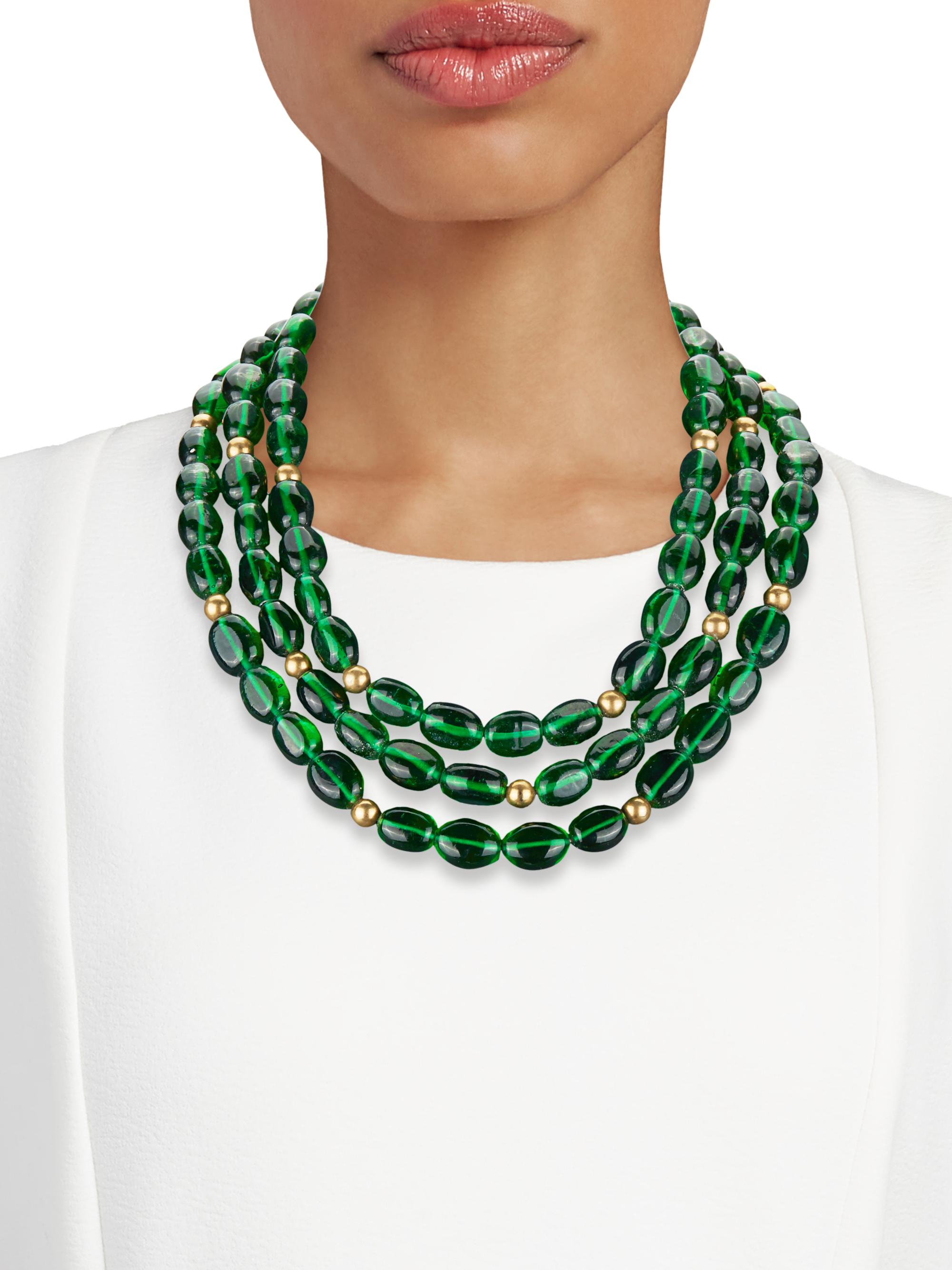 Kenneth Jay Lane 3-Strand Emerald Glass Bead Nested Necklace