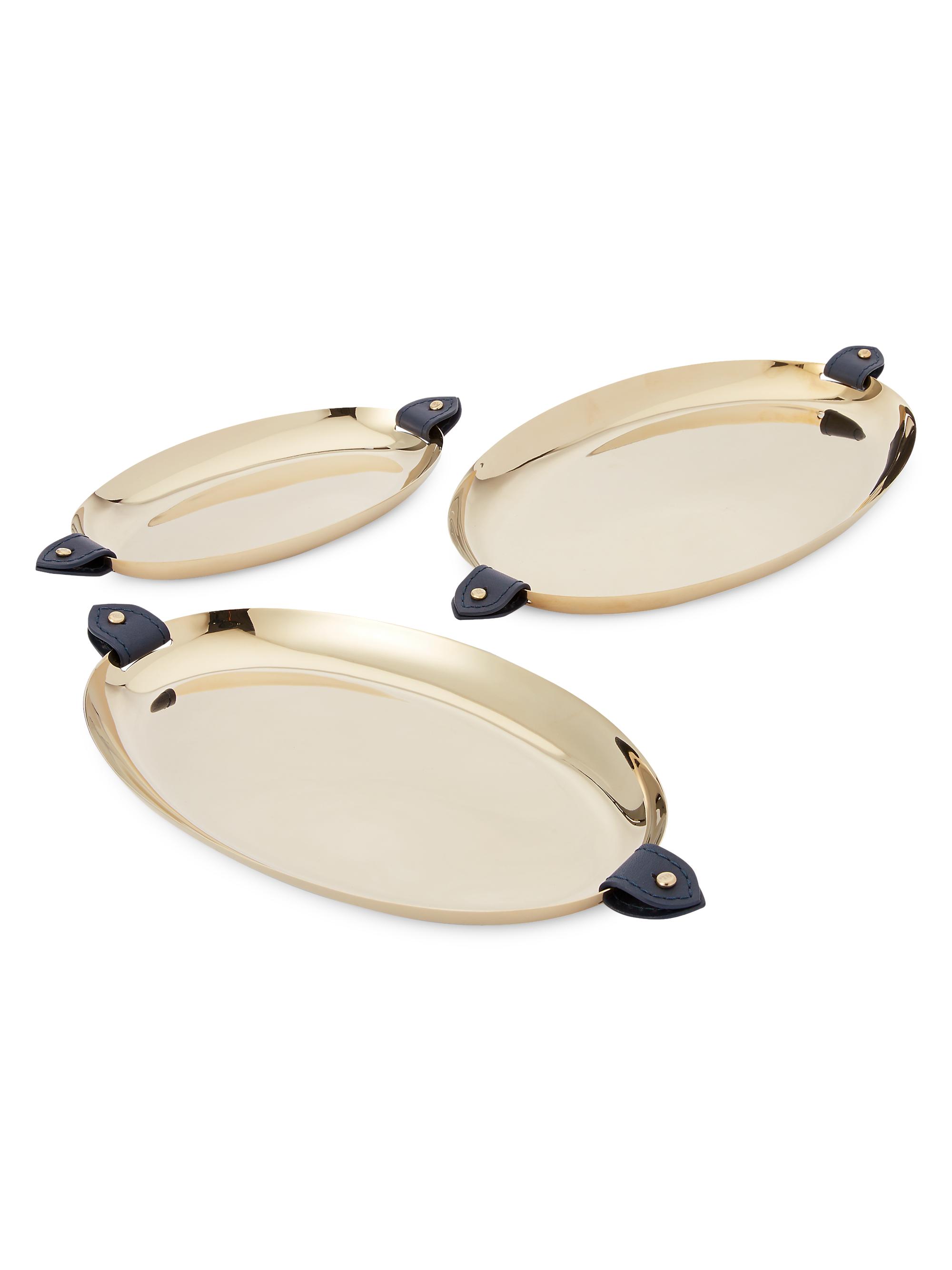 Ralph Lauren Wyatt 3-Piece Stainless Steel & Leather Nested Tray Set - Navy Gold