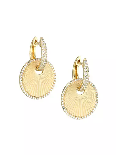 14K Yellow Gold & Diamond Disc Huggie Hoop Earrings