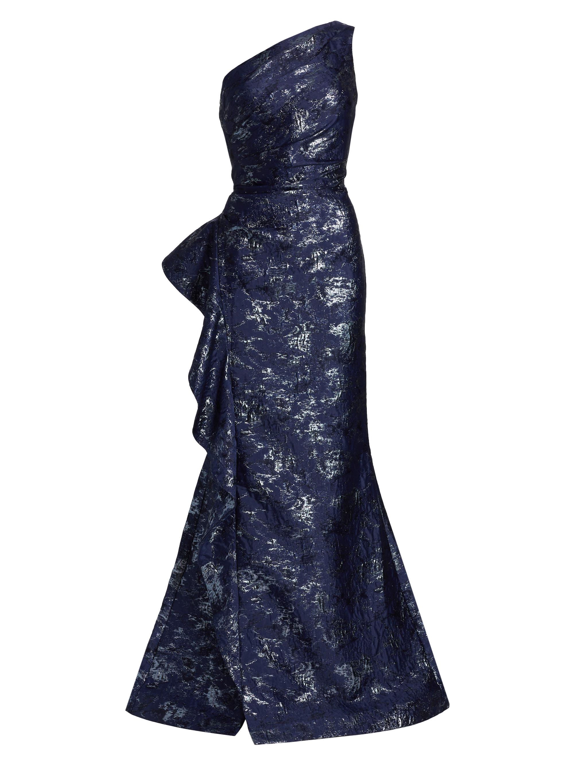 Teri Jon by Rickie Freeman Women's Jacquard One-Shoulder Gown - Navy