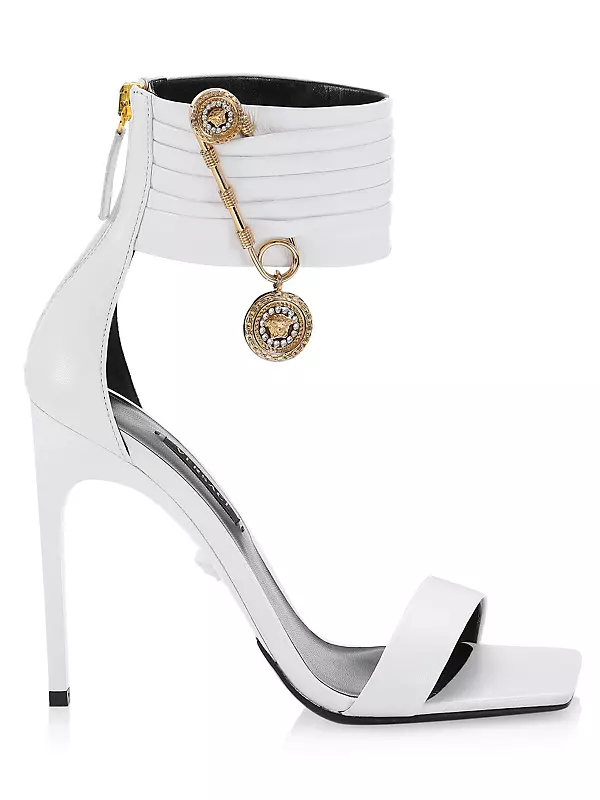 Shop Versace Safety Pin Ankle-Cuff Leather Sandals