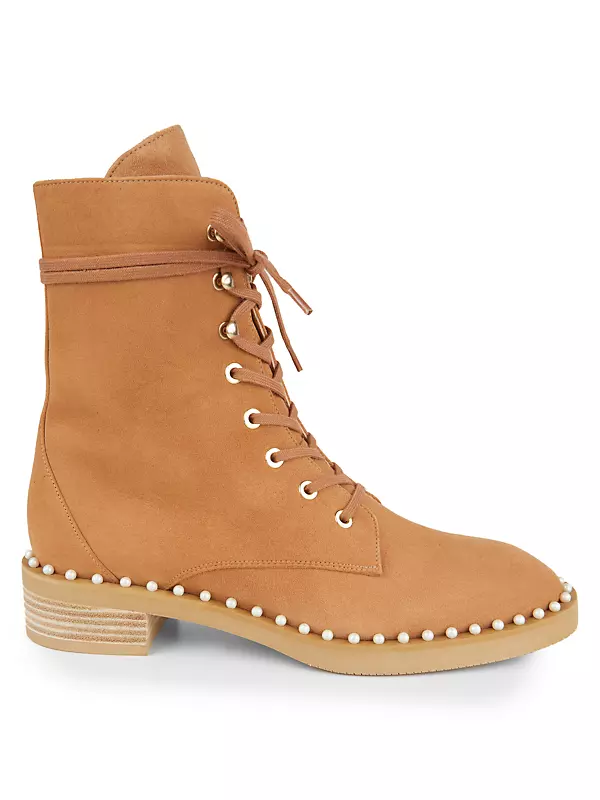 Sondra Faux Pearl-Embellished Suede Combat Boots