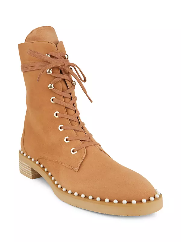 Sondra Faux Pearl-Embellished Suede Combat Boots