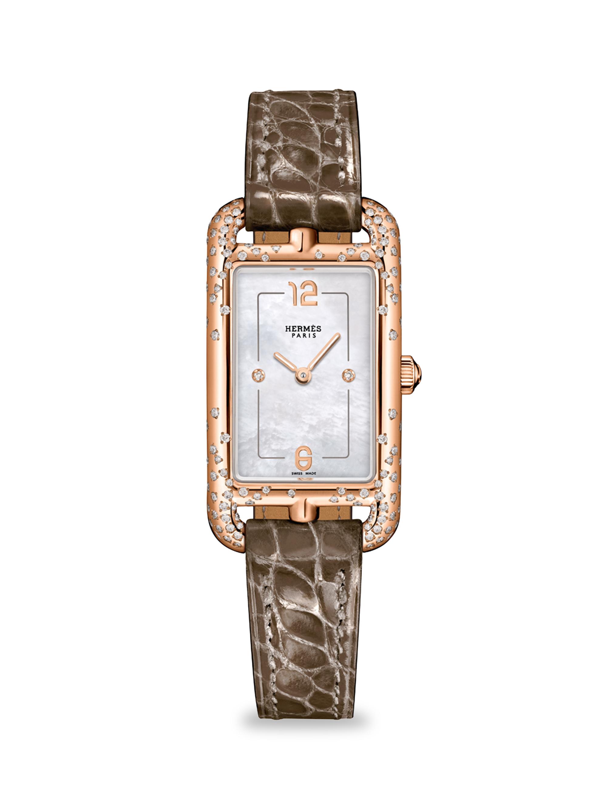HERMÈS Women's Nantucket 33MM 18K Rose Gold, Diamond & Alligator Strap Watch - Brown