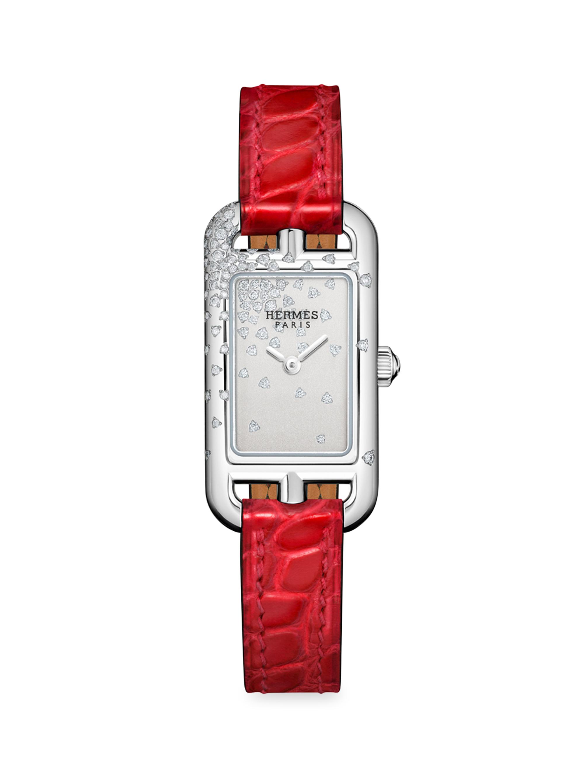 HERMÈS Women's Nantucket 29MM Stainless Steel, Diamond & Alligator Strap Watch - Red