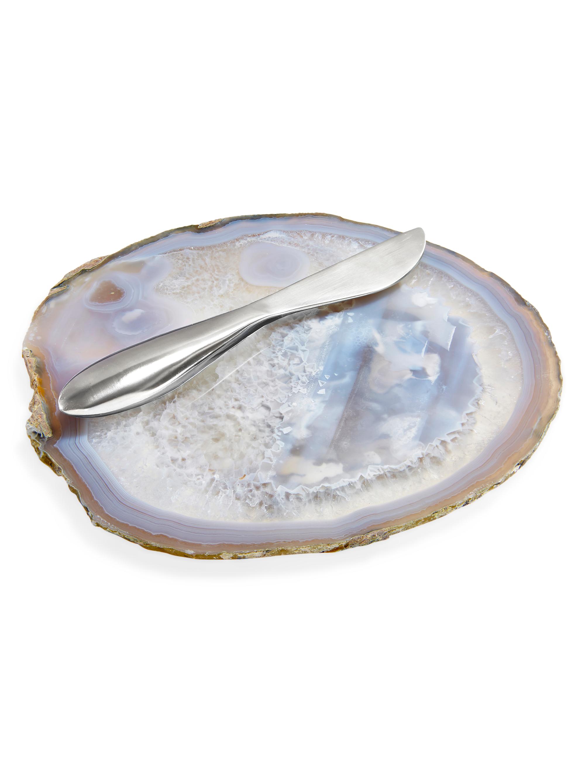 Anna New York Ita 2-Piece Agate & Brass Cheese Plate and Knife Set - Grey