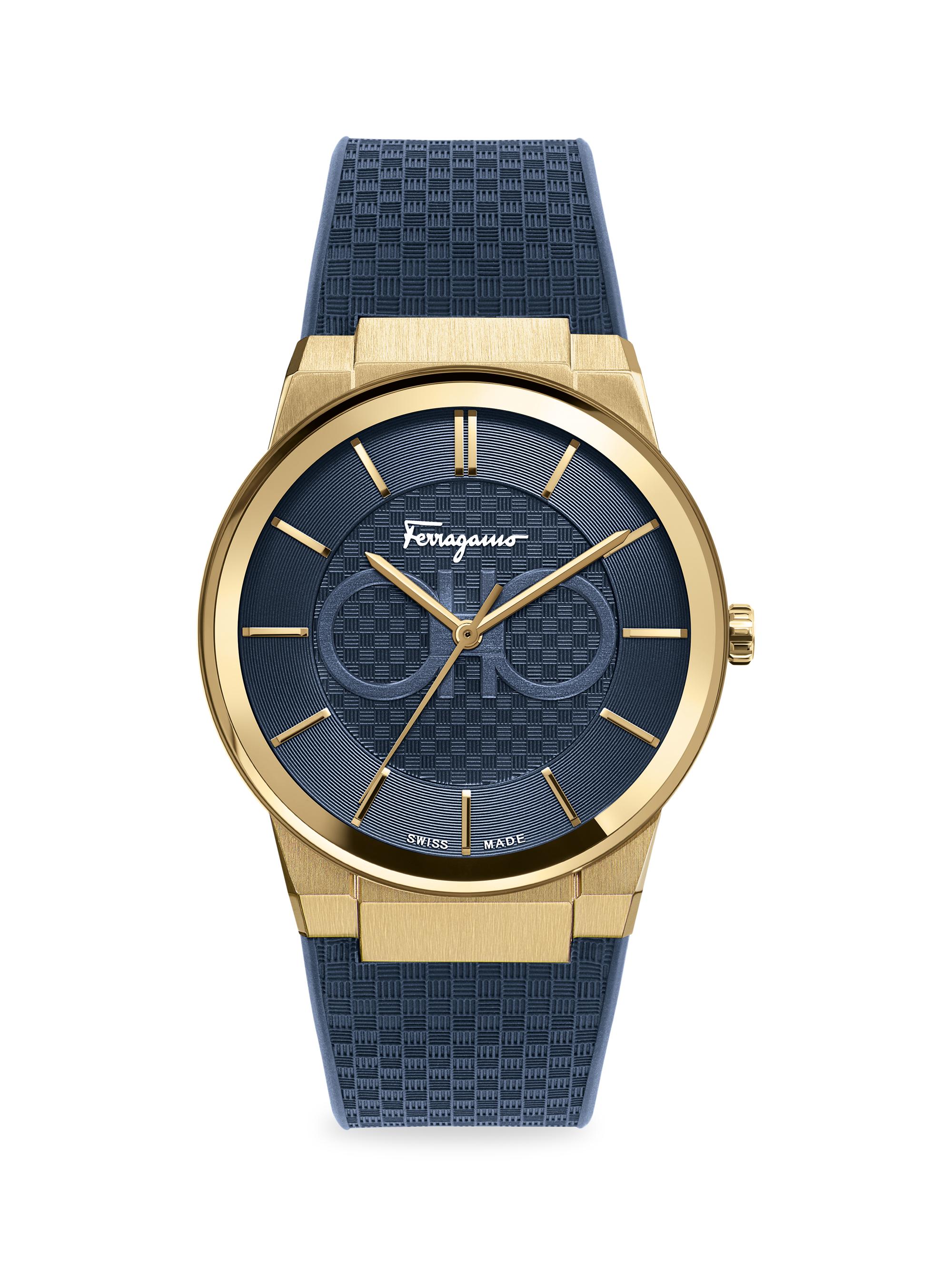 FERRAGAMO Men's  Sapphire Yellow Gold IP Double Gancini Rubber Strap Watch - Gold