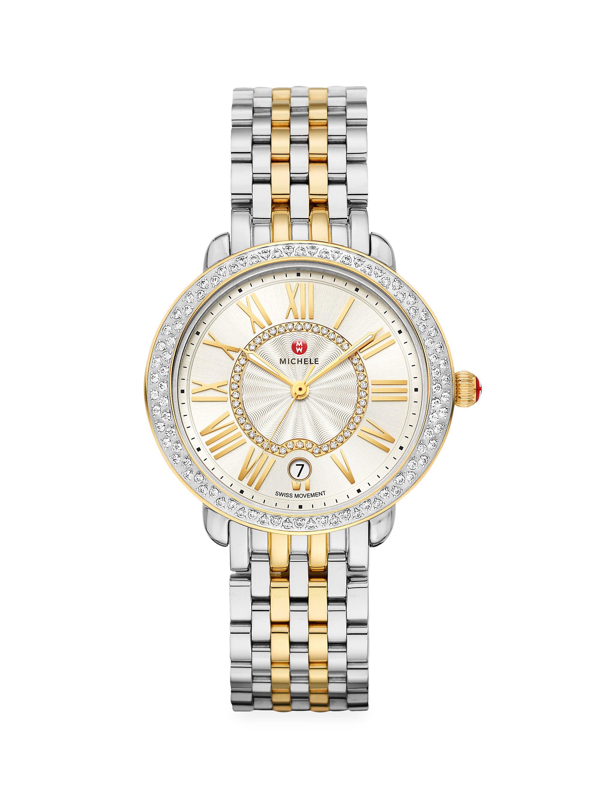 Michele Women's Serin Mid Two-Tone Diamond Bracelet Watch - Stainless Steel