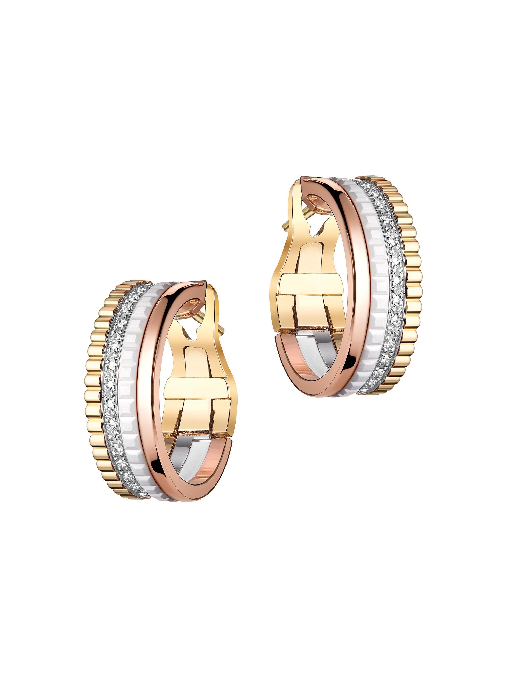 Boucheron Women's Quatre Tri-Tone 18K Gold, 0.36 TCW Diamond, & Ceramic Hoop Earrings