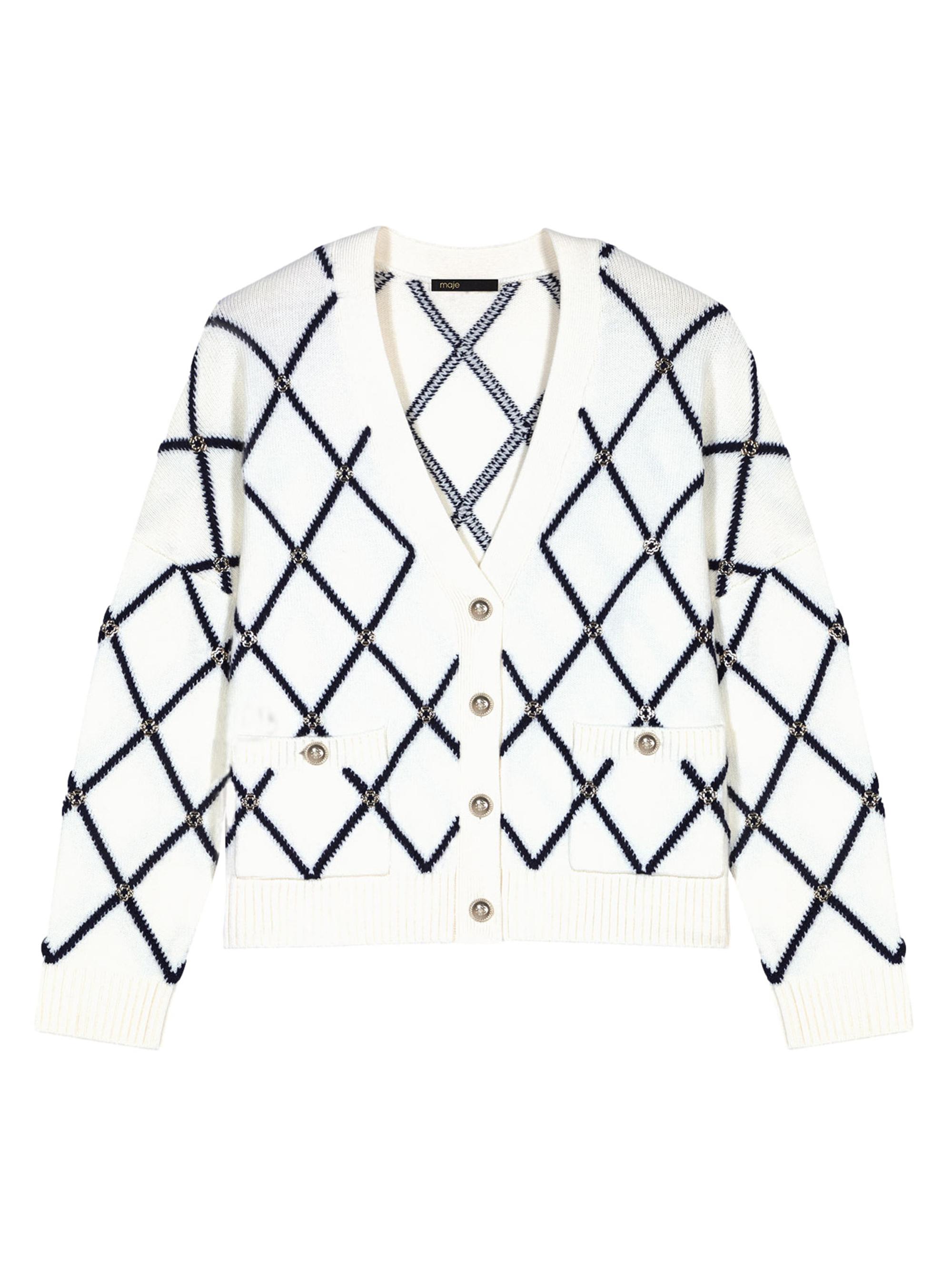 Maje Women's Diamond Pattern Knitted Cardigan - Ecru