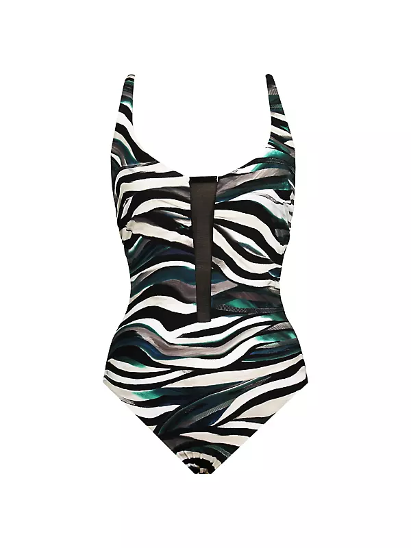 Monochrome Zebra Print Wrap Waist Plunge Swimsuit